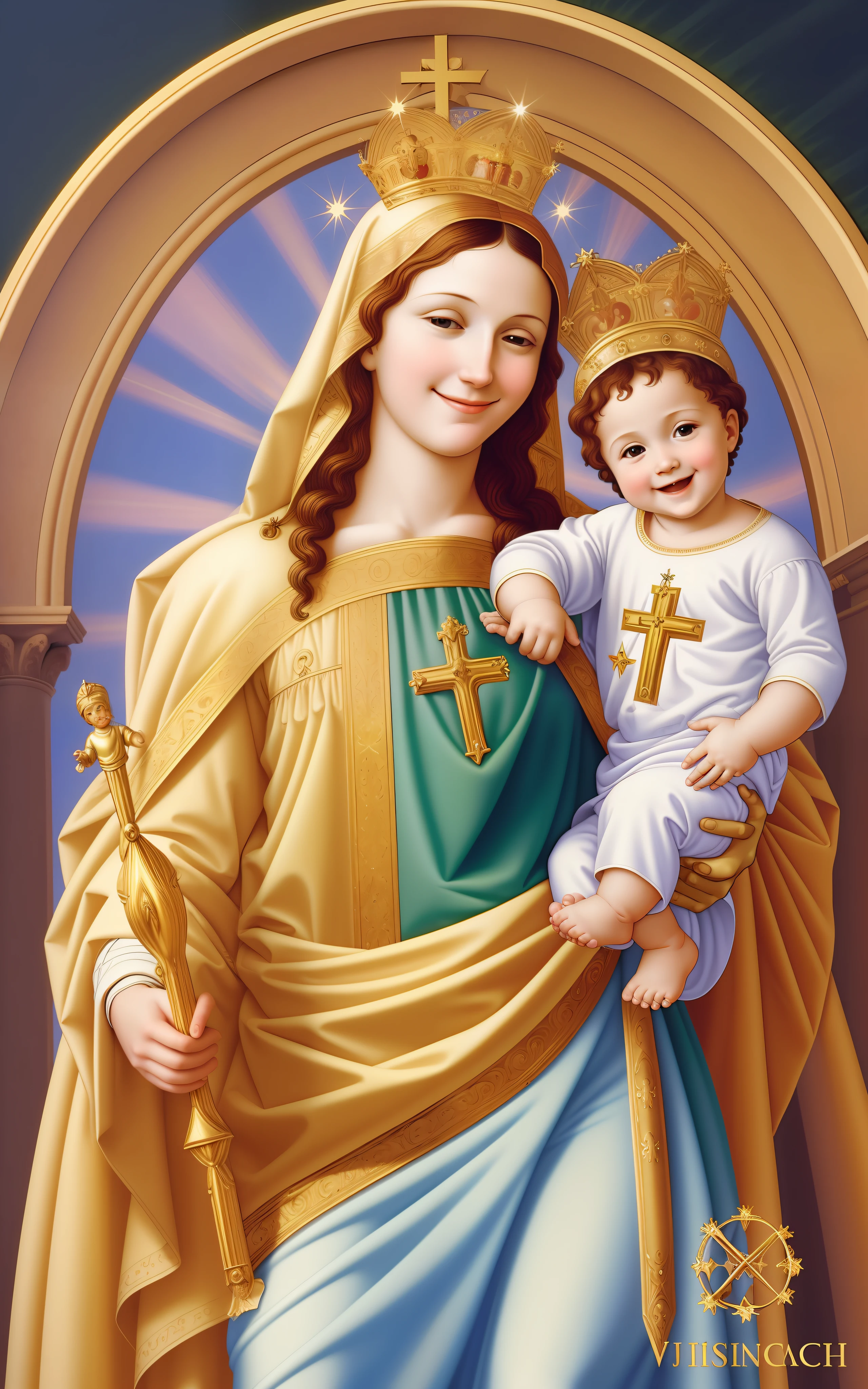 (Virgin Mary smiling+ Jesus smiling), Roman Catholic icon, inspired by Leonardo da Vinci, church, Renaissance style