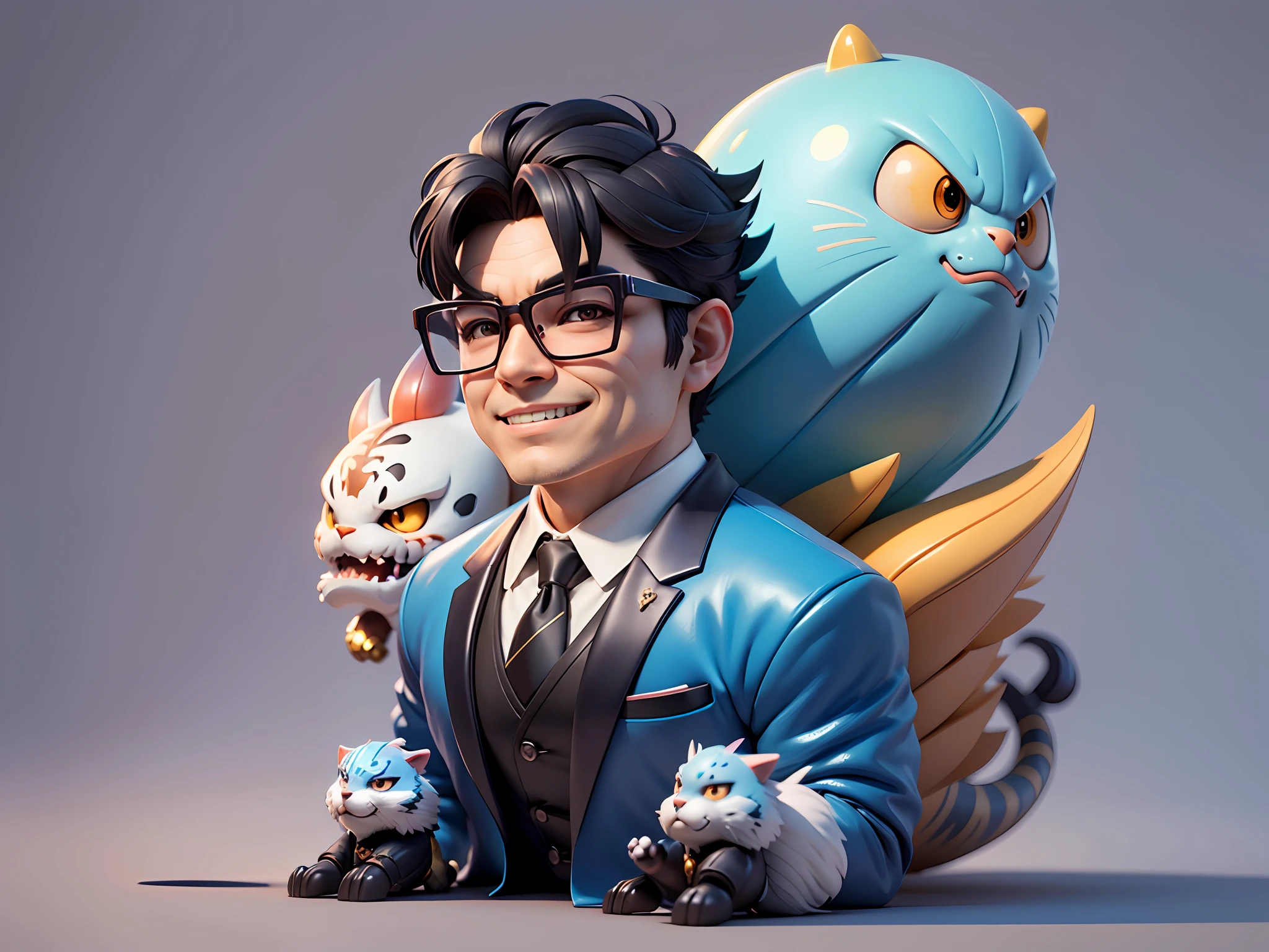 (Masterpiece), (Extreme Quality), (Super Meticulous), (Full Body: 1.2), Super Young Man, Chinese Dragon, Tiger, Wind God Thor, Sexy, Bursting, Oriental Face, TV Anchor, Bust Portrait Illustration, Black Formal Suit, Blue Tie, Slightly Chubby Face, Silver Glasses, Very Clean Face, No Beard on Chin, Black Super Short Hair, Black Eyes, Confident Smile, 3c Computer Sub-Products, iPad, iPhone, Digital Painting, 3D Character Design by Mark Claireden and Pixar and Hayao Miyazaki and Akira Toriyama, The illustration is a high-definition illustration in 4K resolution with very detailed facial features and cartoon-style visuals.