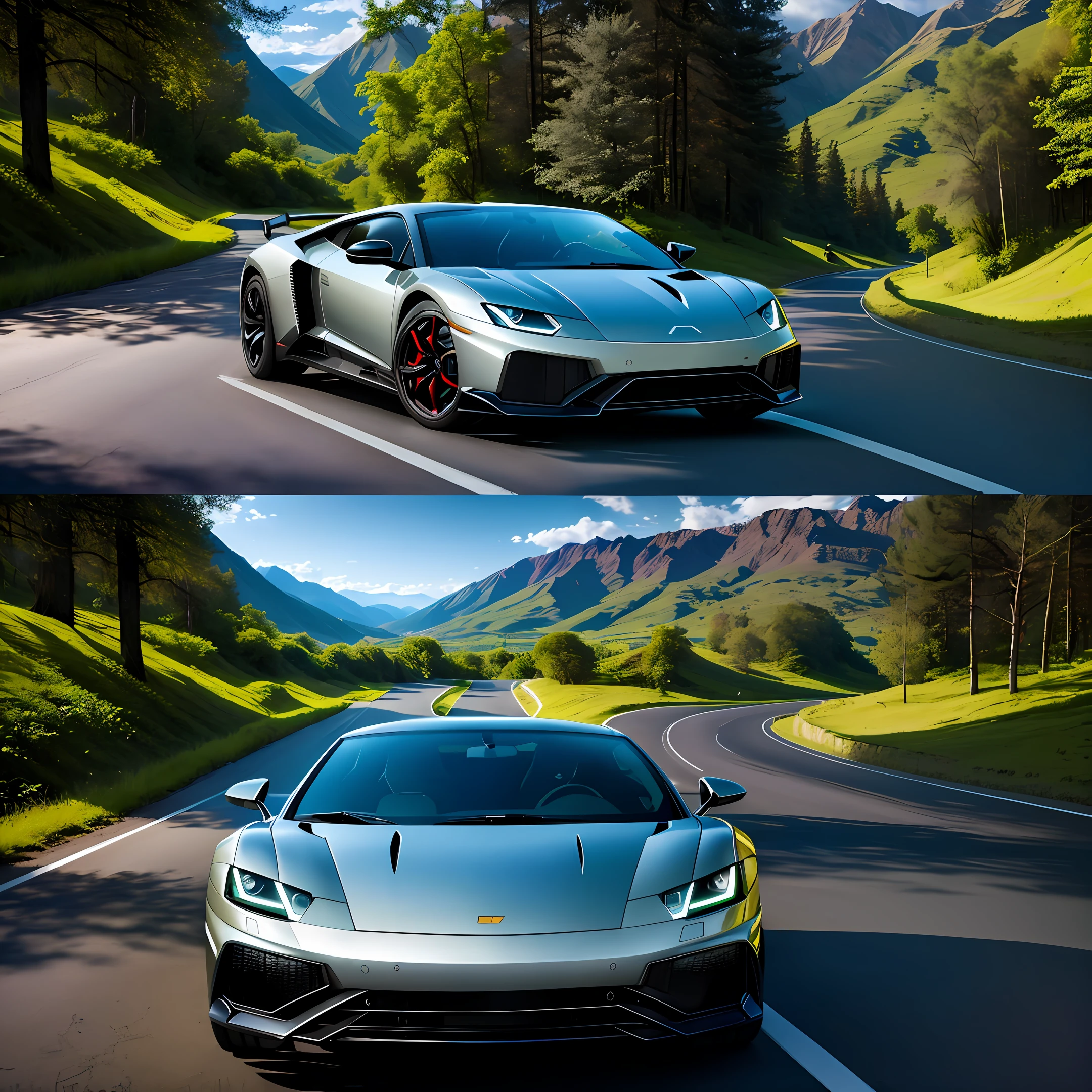 landscape, 1 lamboghini car, driving with speed in mountain, 1 girl in the car, full body car, details environment, more trees, best quality, 8k resolution
