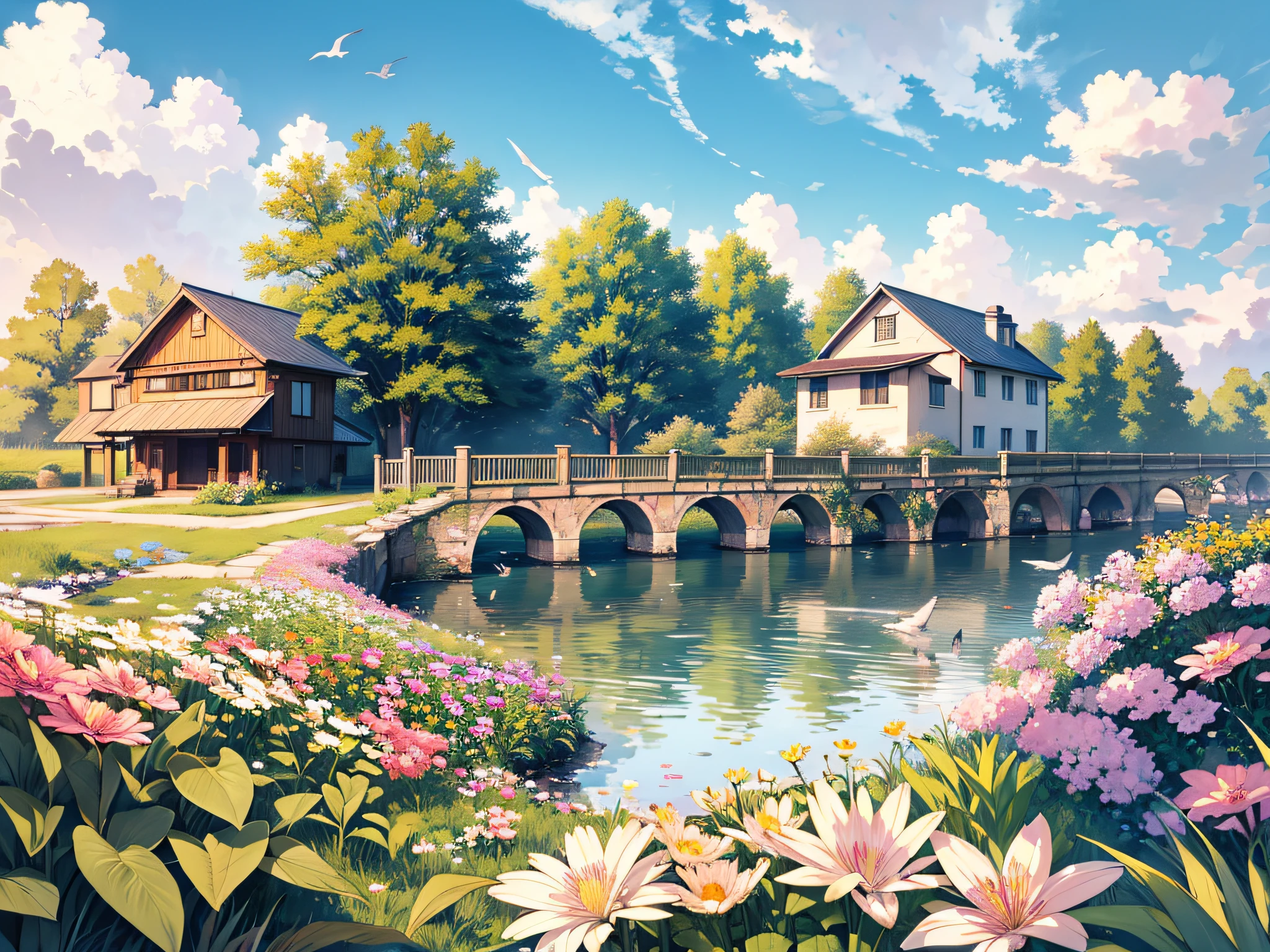 hill, small house, lush, nostalgic, river, dainty bridge, waterfowl, petals, colorful flowers, lawn, blue sky, soft clouds, pleasant breeze, birds singing, nature voice, serene landscape, cozy illustration --auto --s2