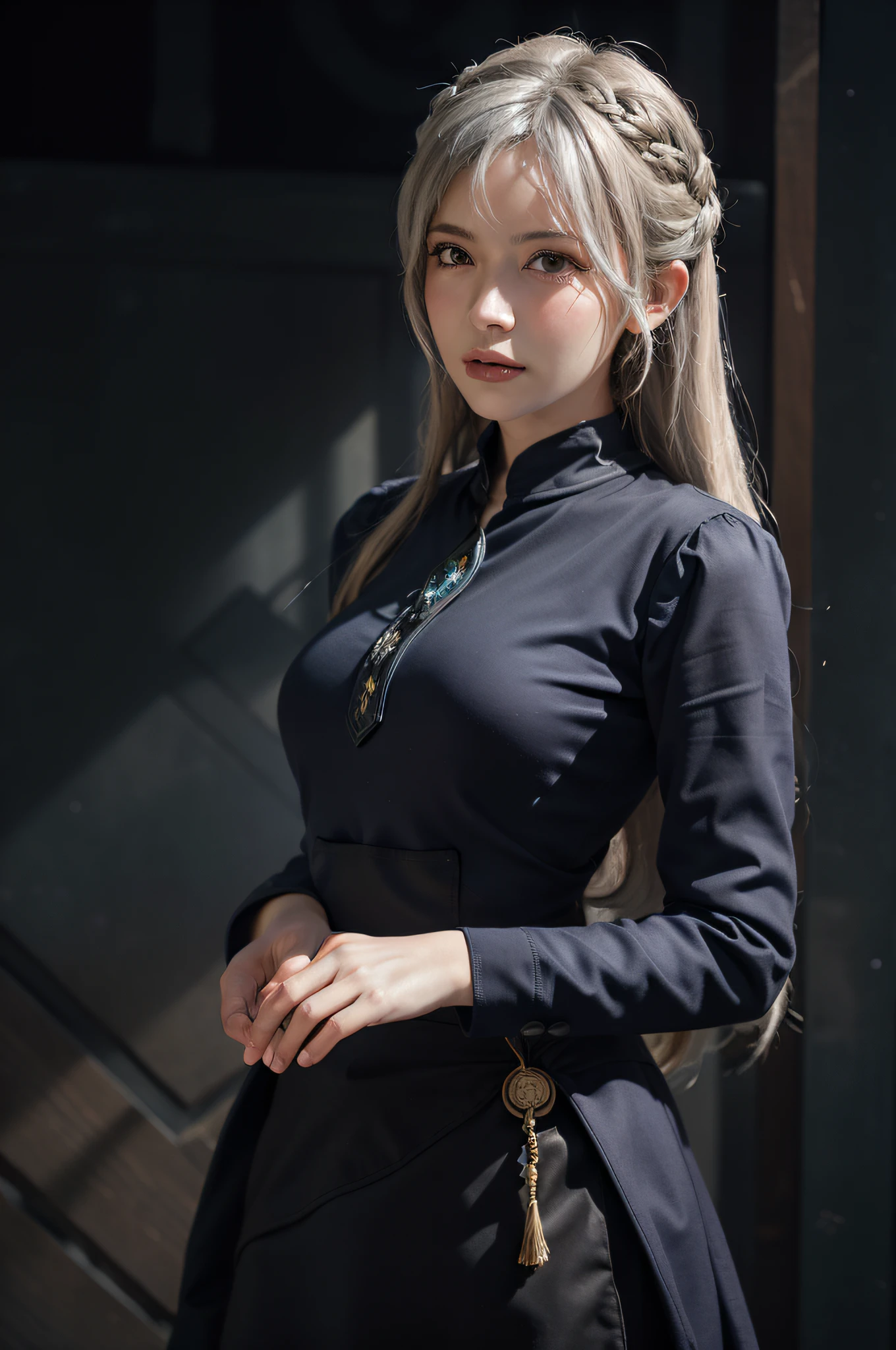 Hyperrealist portrait of female by david hockney and alphonse mucha,fantasy art, photo realistic, dynamic lighting, artstation, poster, volumetric lighting, very detailed faces, 4 k, award winning,, 1girl, in the dark, deep shadow, low key,cowboy shot,(official clothing:1.4) ,long hair,white hair,
