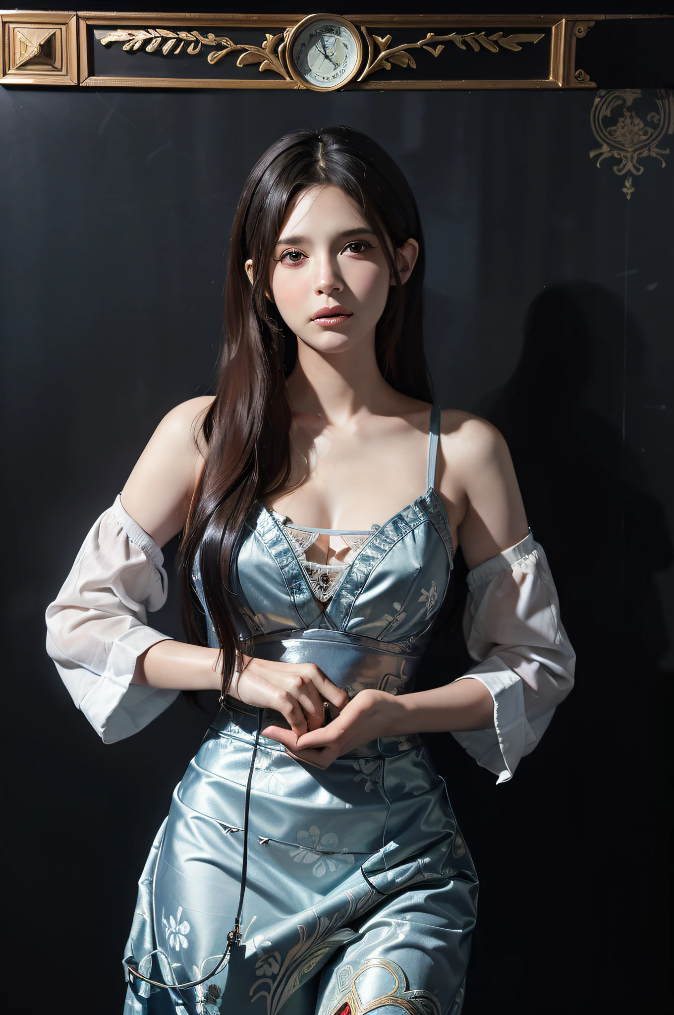 Hyperrealist portrait of female by david hockney and alphonse mucha,fantasy art, photo realistic, dynamic lighting, artstation, poster, volumetric lighting, very detailed faces, 4 k, award winning,, 1girl, in the dark, deep shadow, low key,cowboy shot,(official clothing:1.4) ,long hair,white hair,