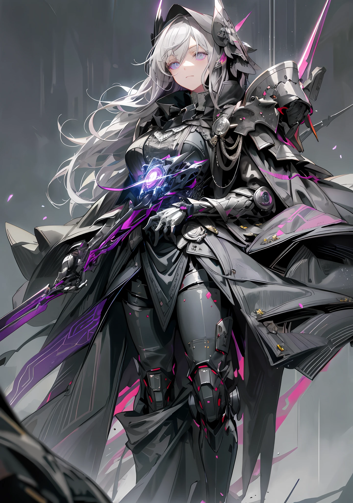 Purple pupils, long gray hair, beautiful delicate eyes, soft hair, starry sky, black trench coat, dark fantasy, dark souls, bloodborne, lighthouse, moonlight, royal sister, older girl, black long skirt, lace-up boots, black dress, black coat, pants skirt, slender figure, messy hair, armored boots,
