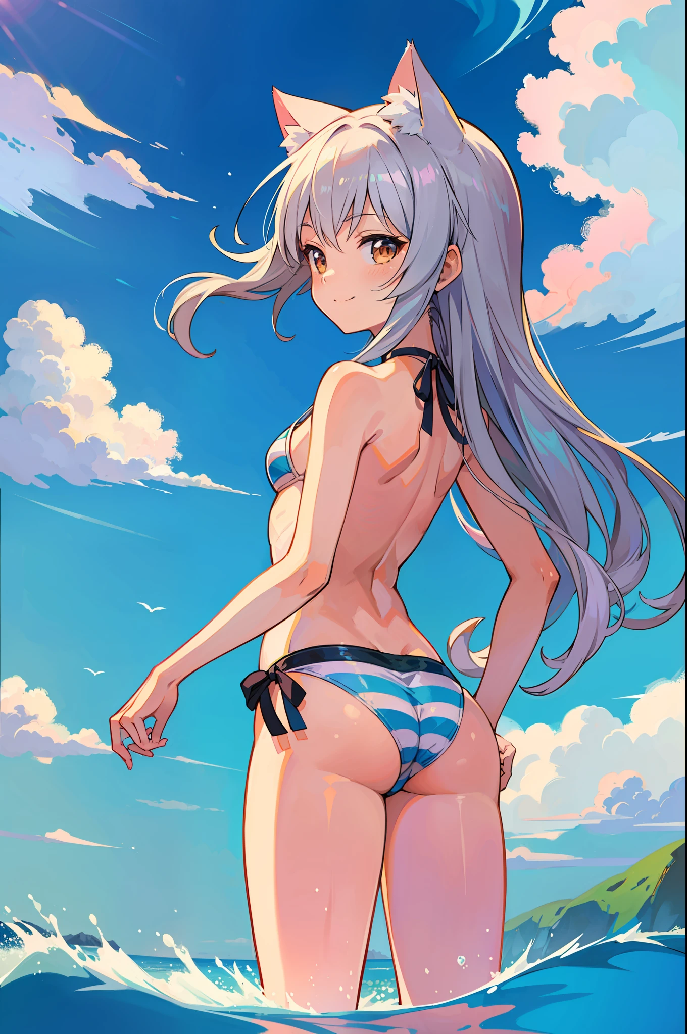 Buttocks, buttocks up, back, (masterpiece), (top quality anime illustration), (super definition), one girl, solo, silver-haired beautiful girl, anime , cat ear lolitite, thigh emphasis, topless, striped bikini, smile, buttocks, buttocks up, back, south island sea, water