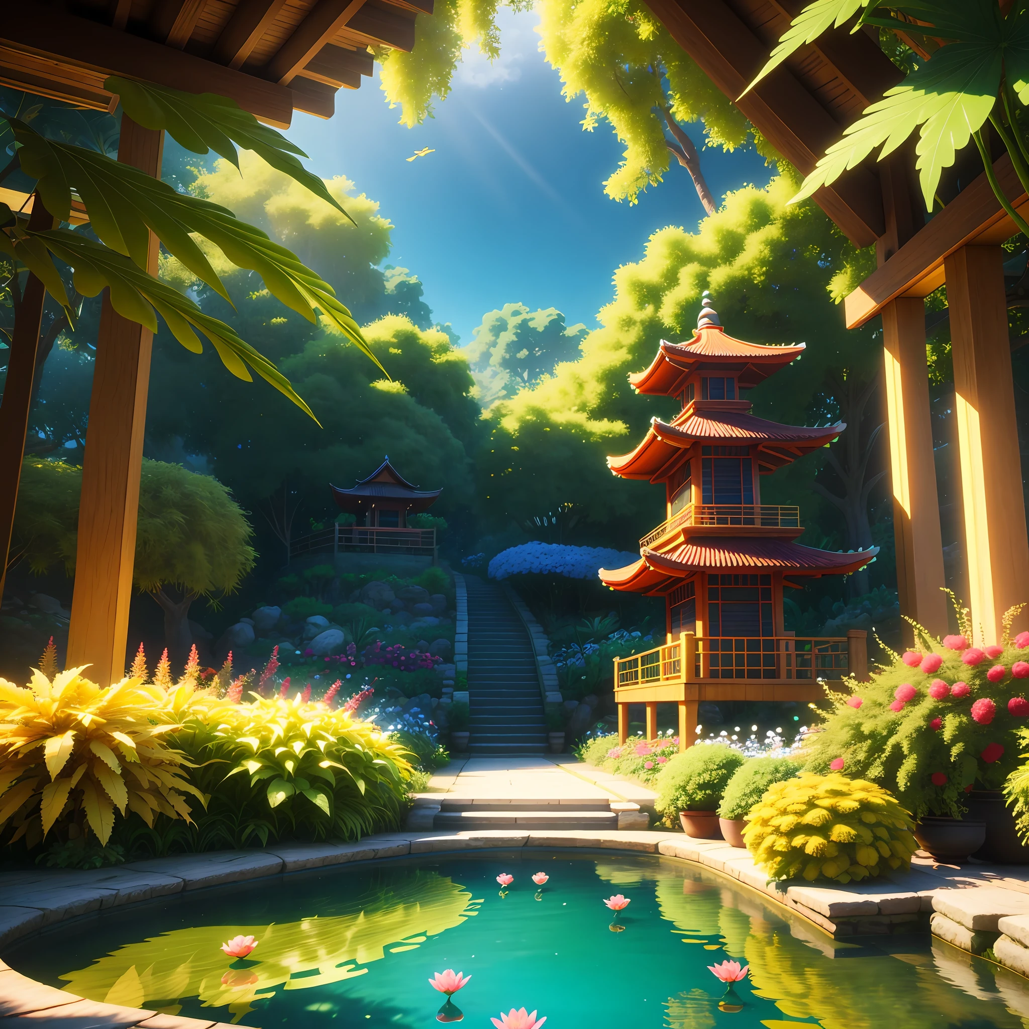 3d digital painting), (best quality), serene Jamaican garden, marijuana flowers in full bloom, fish pond, catwalk, pagoda, cannabis cultivation inspiration Deviant Popular Art, ultra-realistic 8k, vivid color scheme, soft lighting, golden hour, tranquil environment