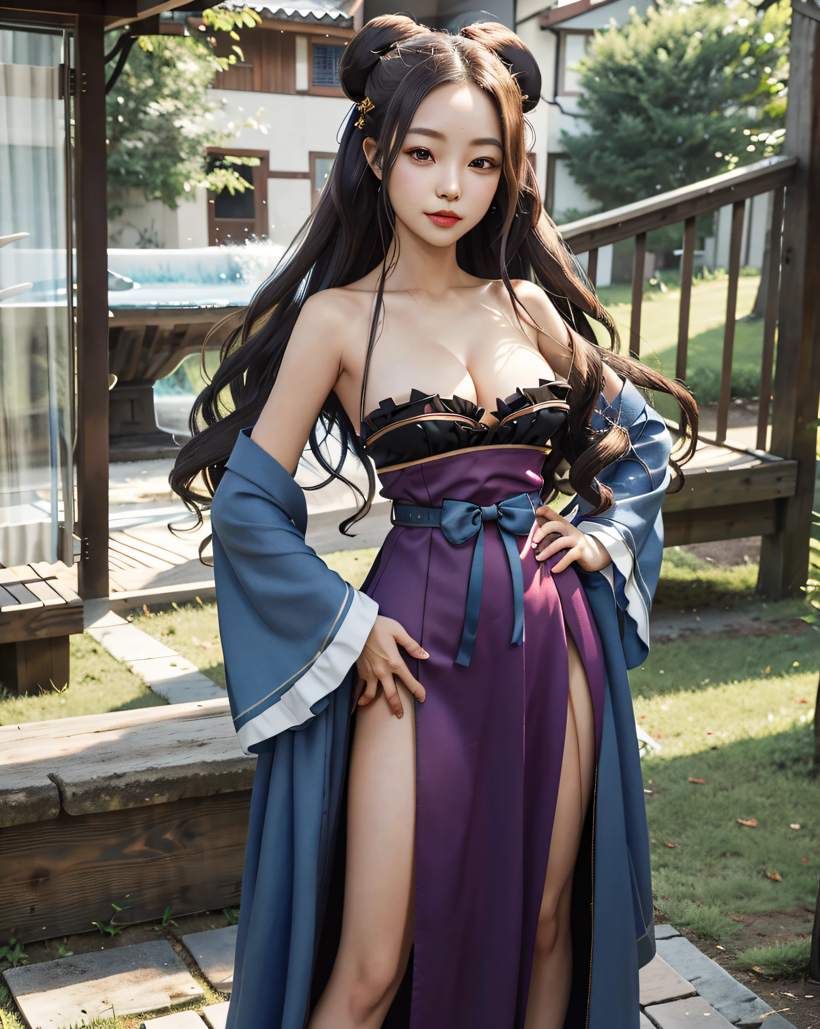 masterpiece, best quality, high resolution, wz1, double tail, room, forehead, hanfu, wide sleeves, belt, bare shoulders, bow, short skirt, shawl, standing, outdoors, hands on hips, revealing clothes, sexy pose, giant breasts, exposed,