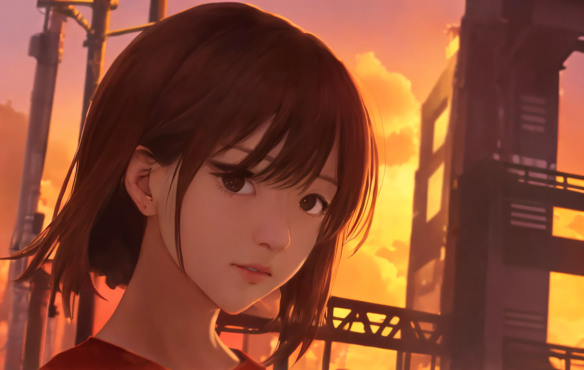 A young and cute Japan woman who remains young and cute drawn with carefully detailed illustrations like Makoto Shinkai's anime. He has short brown hair, perfect round gray eyes, a round chin, plump cheeks, and red clothes. The background is an urban industrial area dyed by sunset, focus on women, fantastic scenes, fantastic lighting.
