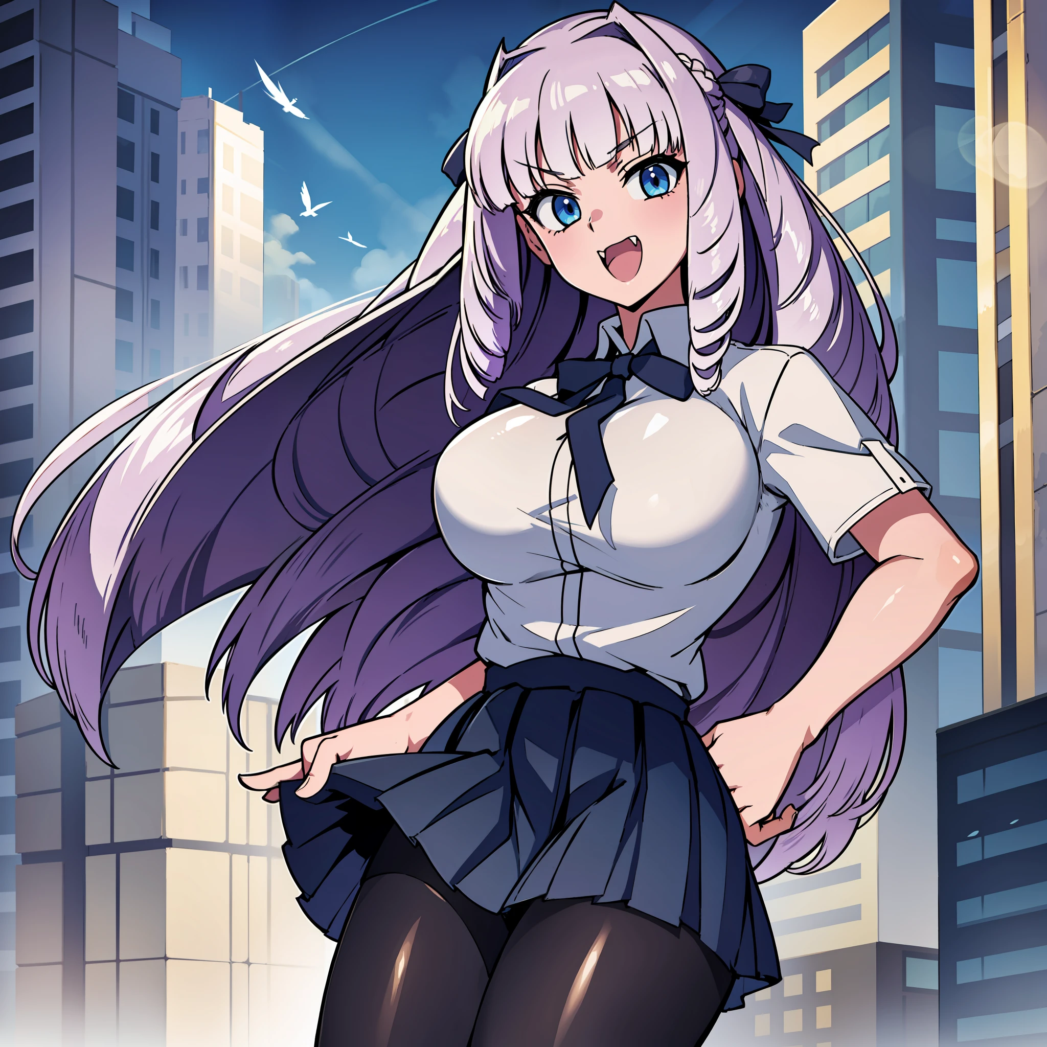 1girl, solo, Fujido Oriko, giantess, black pantyhose, blue eyes blue skirt, blunt bangs, breasts, cowboy shot, drill hair, fang, large breasts, long hair, looking at viewer, looking back, open mouth, pantyhose, pleated skirt, purple hair, shirt, short sleeves, skirt, kung fu pose, white hair, white shirt, standing, giant among buildings, taller than a skyscraper,