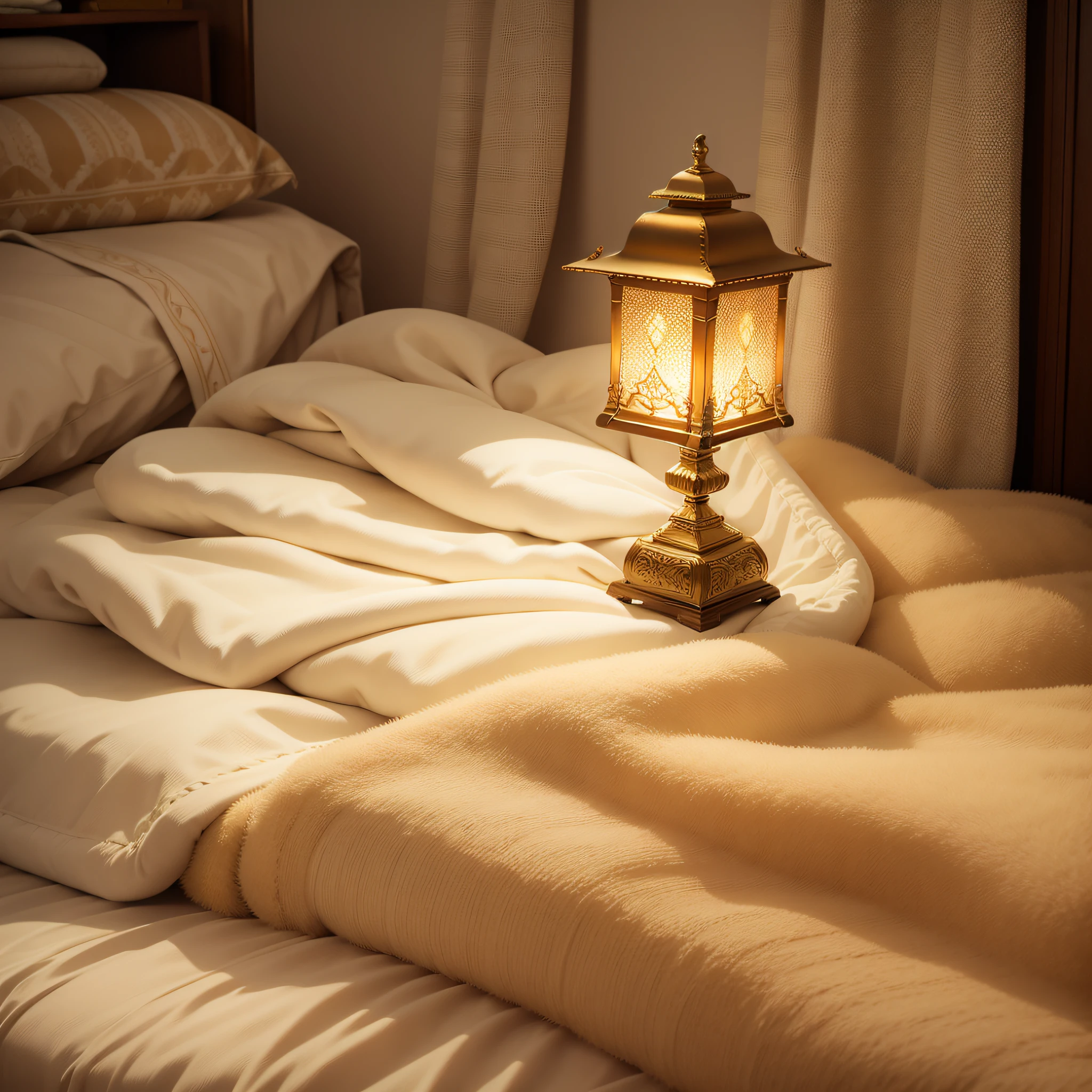 There is a golden lamp on the long pile blanket, very warm, authentic photos --auto --s2