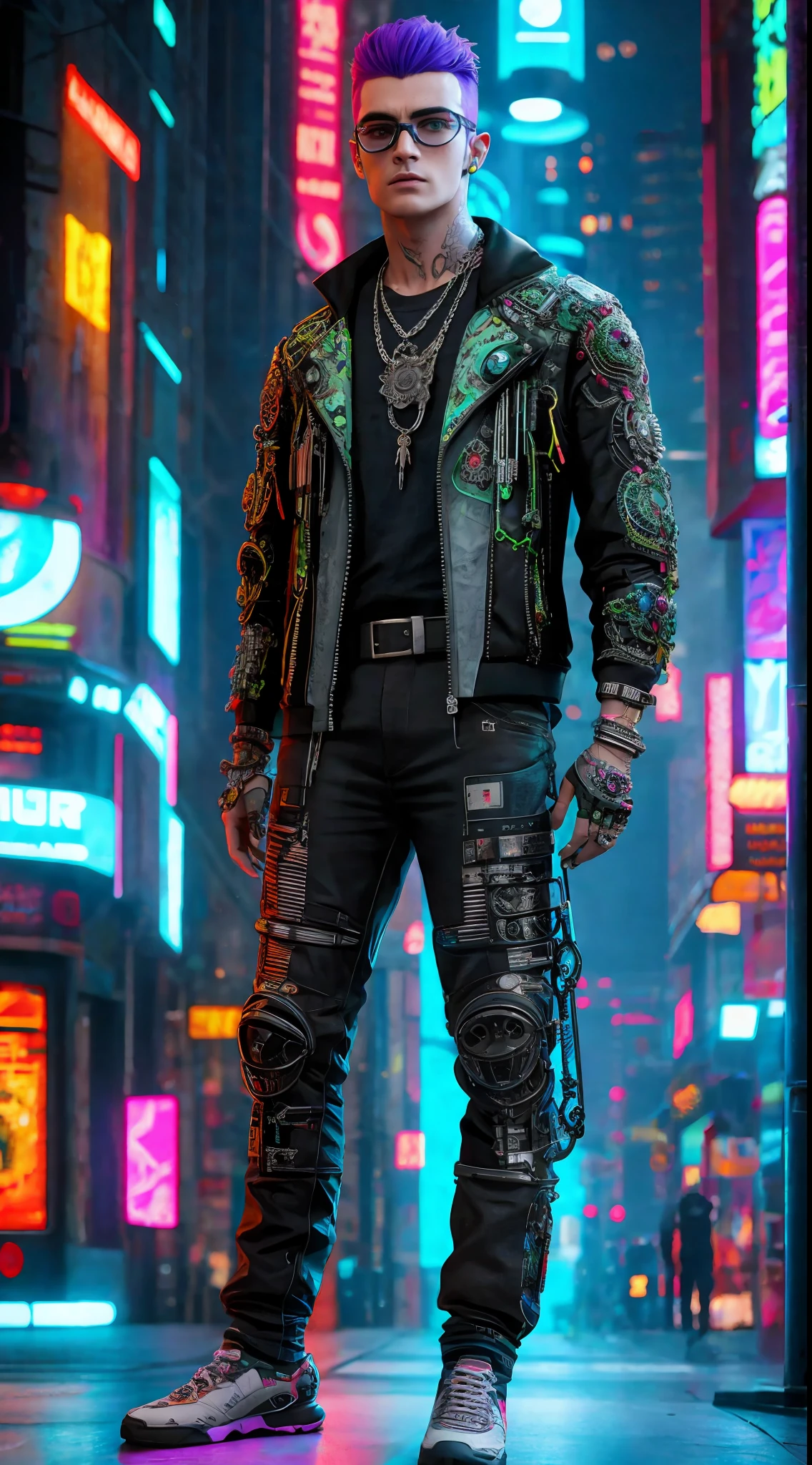 Complex 3d rendering ultra-detailed cyberpunk style, simulating 150mm shot, neon skin lines, colorful details, piercings, Art Nouveau fashion embroidery, intricate details, facial muscles, microchips, surreal, ultra-detailed, octane rendering, robotic arm, mechanical, half rim glasses, short hair, male, men, front standing, jacket, cinematic light effects, full body, full body