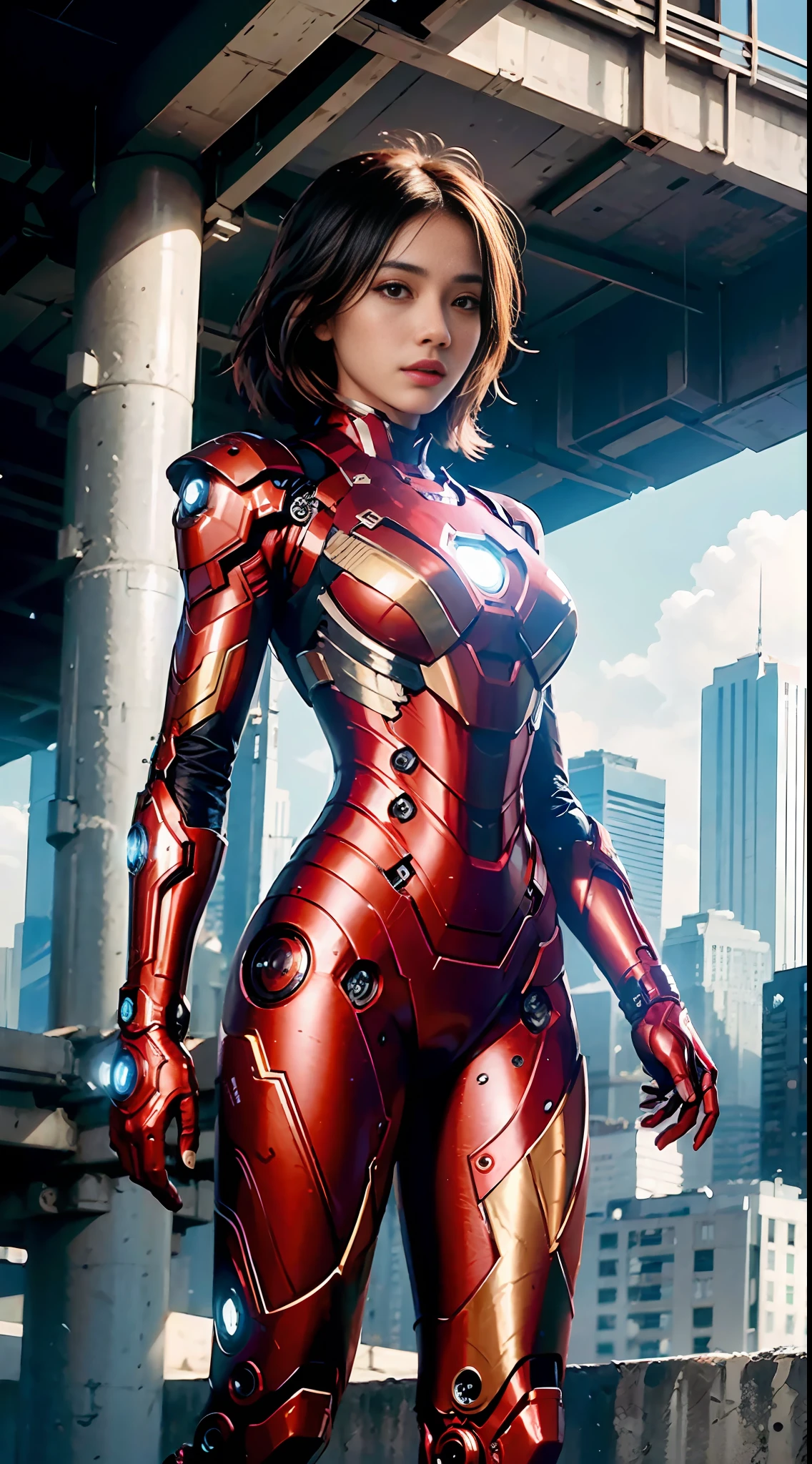 (1girl:1.3), solo,__body-parts__, official art, unity 8k wallpaper, ultra detailed, beautiful and aesthetic, beautiful, masterpiece, best quality, RAW, masterpiece, super fine photo,, best quality, super high Resolution, photorealistic, sunlight, full body portrait, stunningly beautiful,, dynamic pose, delicate face, vibrant eyes, (side view), she is wearing a futuristic Iron Man mech, red and gold, Highly detailed abandoned warehouse background, detailed face, detailed complex busy background, messy, gorgeous, milky, high detailed skin, realistic skin details, visible pores, sharp focus, volumetric fog, 8k uhd, dslr camera, High quality, film grain, fair skin, photorealism, lomography, sprawling metropolis in a futuristic dystopia, view from below, translucent