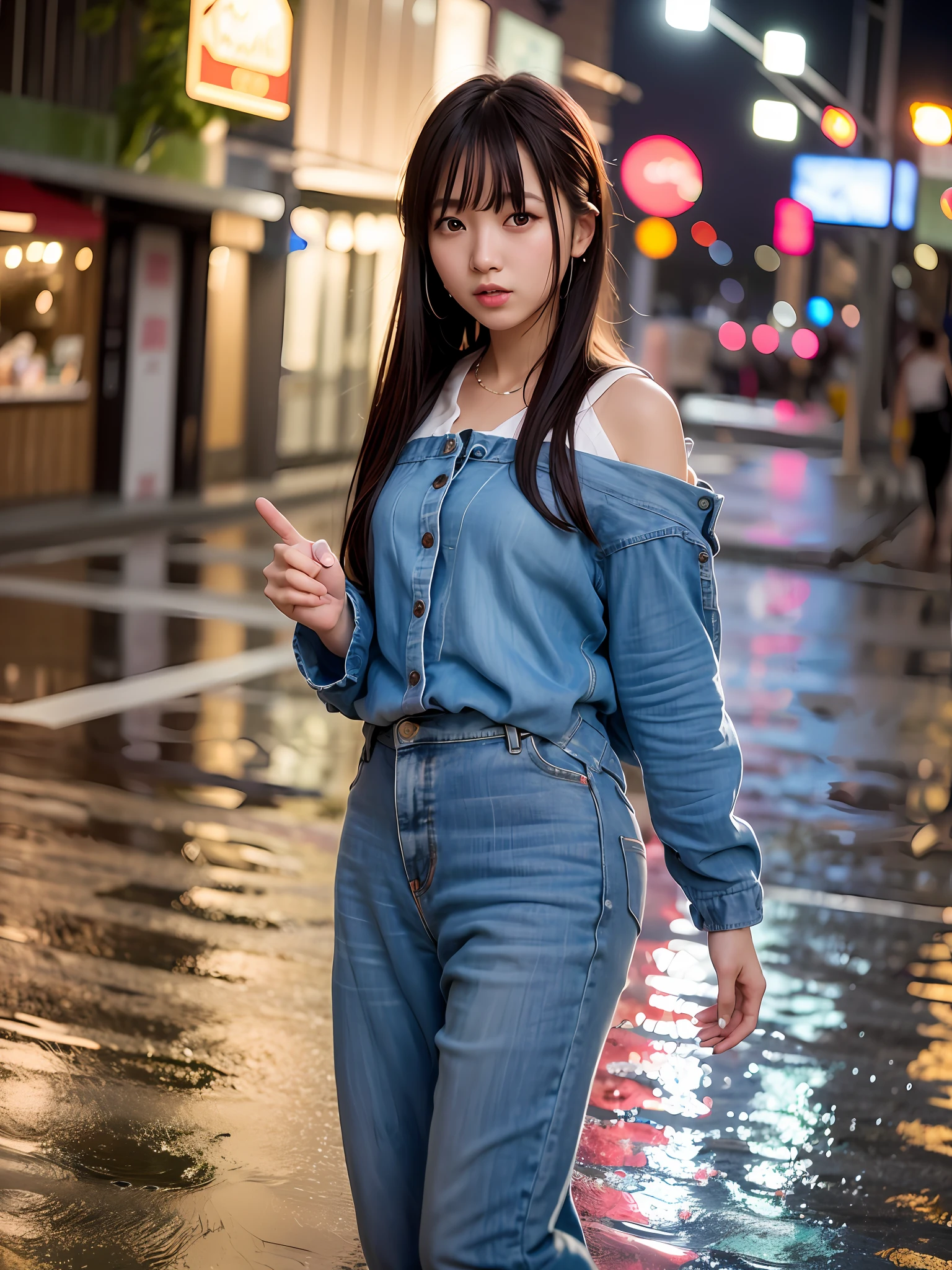(8k, RAW photo, best quality, masterpiece:1.2), (realistic, photo-realistic:1.37), omertosa, 1girl, (Kpop idol), (aegyo sal:1), cute, cityscape, night, rain, wet, professional lighting, photon mapping, radiosity, physically-based rendering