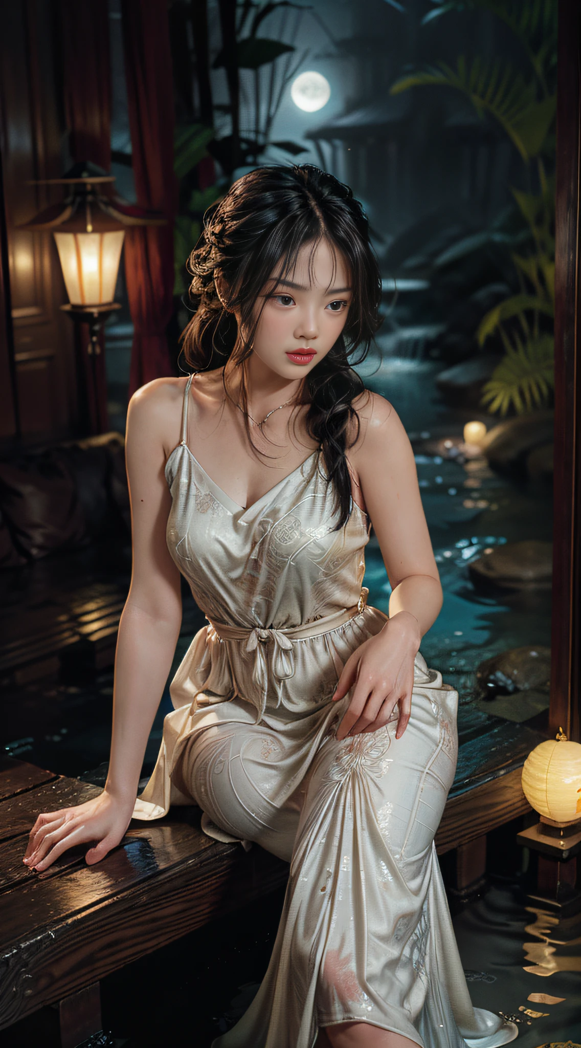 Holding lanterns, ores, gemstones, feet playing in the water, the art depicts a charming woman in a flowing, silky traditional oriental dress, a long red skirt, white trousers with soaked windows inside, decorated with intricate patterns and bright colors. Her dress drapes elegantly over her curvy figure, accentuating her seductive silhouette. She sits gracefully by the tranquil lotus lake, her feet playing in the water, bathed in the soft glow of the moonlight. The scene exudes an ethereal and dreamy atmosphere, with a touch of mystery and sexiness. The graphic style blends watercolor and digital illustration techniques to evoke a refined beauty and charm. The lights are filled with soft moonlight, casting soft highlights and shadows on her charming features. Bare thighs, big breasts, three-dimensional facial features, sitting, upturned legs, side braids