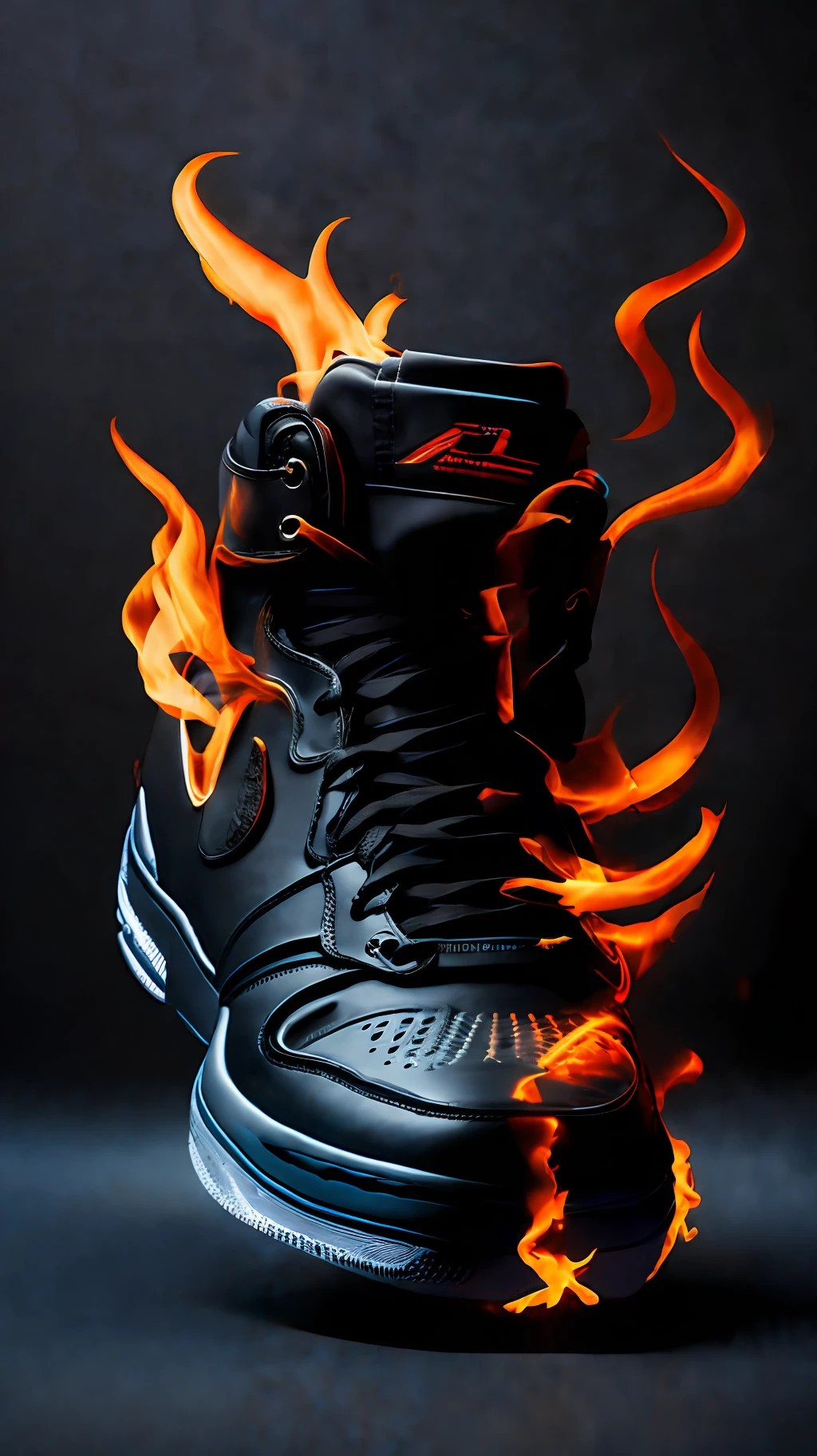 Product photography, aj1, sky in background, shoe body design: hell, flame