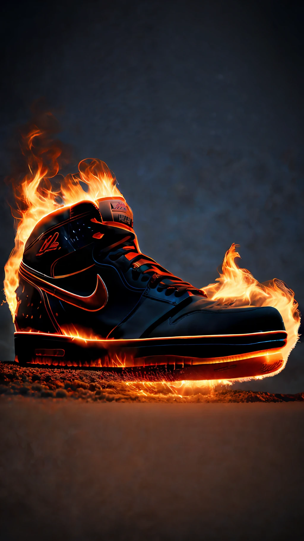 Product photography, aj1, sky in background, shoe body design: hell, flame