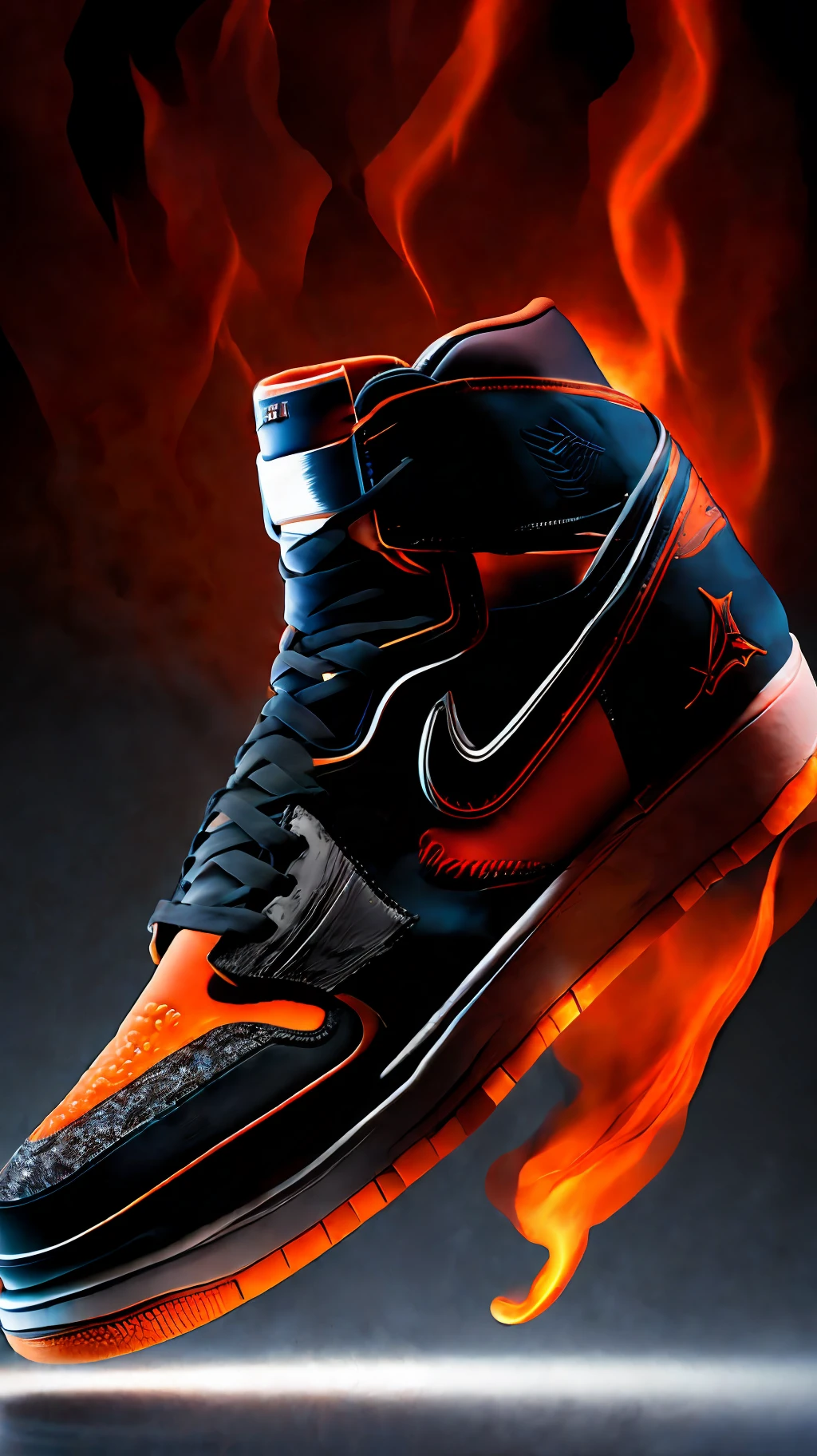 Product photography, aj1, sky in background, shoe body design: hell, flame