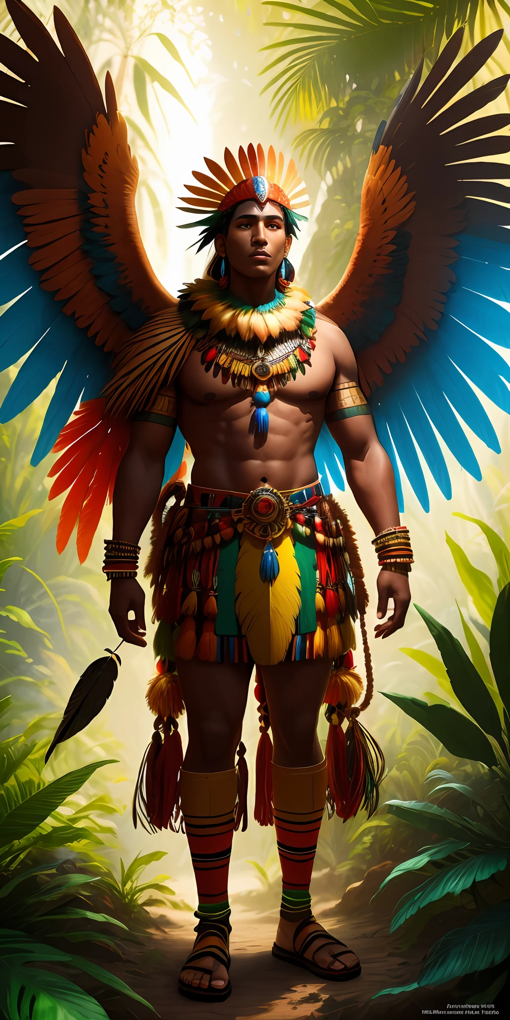 Humanoid character, brown skin, Tupi Guarani amulets, parrot macaw wings, and human body, tall body and covered with feathers, Amazon rainforest scenery, bright colors, 8k quality, cinematic focus, trend in artstation