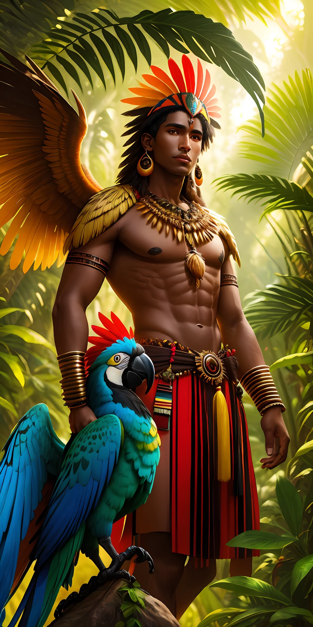 Humanoid character, brown skin, Tupi Guarani amulets, parrot macaw wings, and human body, tall body and covered with feathers, Amazon rainforest scenery, bright colors, 8k quality, cinematic focus, trend in artstation