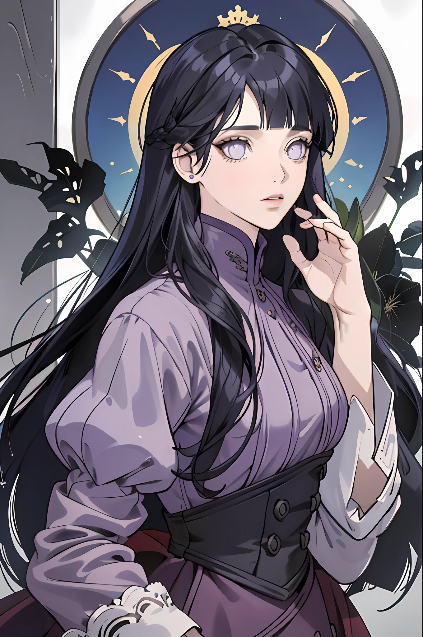 (absurdres, highres, ultra detailed), 1girl, solo, mature, (very long hair, dark blue hair), Marquess, long dress, long sleeve, elegant, colorful, highest detailed, upper body, (purple eyes), ((blunt bangs)), beautiful face, detailed face