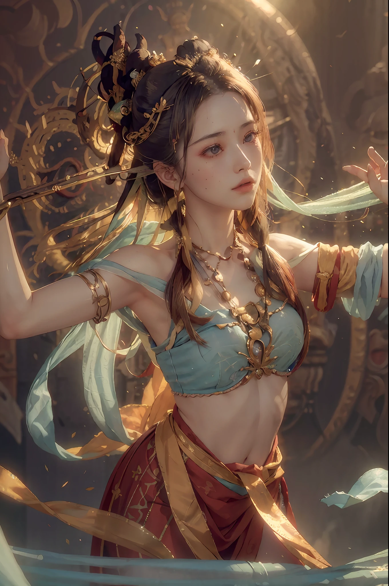 (RAW photo, best quality), (realistic, photo-realistic:1.3),best quality,highly detailed,masterpiece,ultra-detailed,illustration,1girl,upper_body,dynamic angle,world masterpiece theater,messy_long_hair,best quality,extremely detailed CG unity 8k wallpaper,ink,Amazing,cinematic lighting,lens_flare,,dunhuang_style