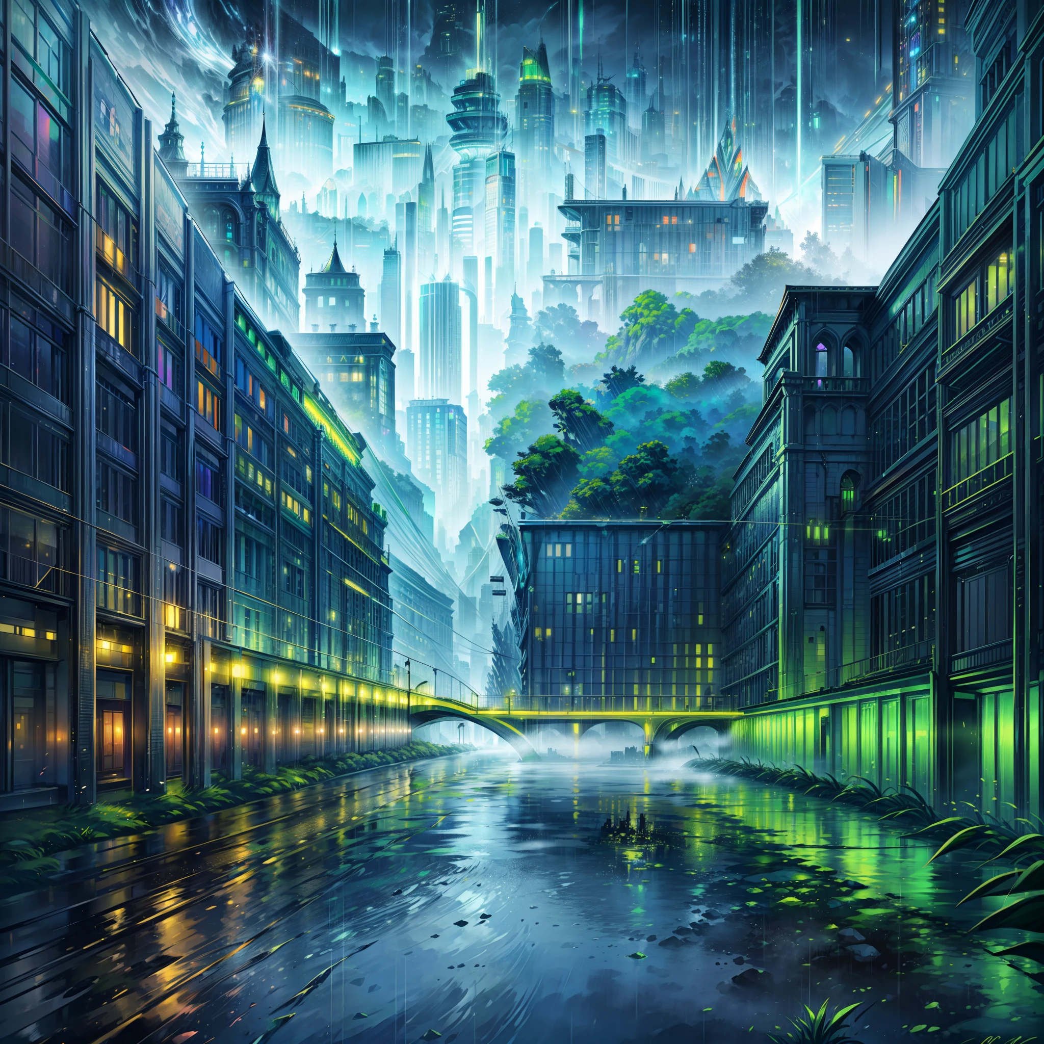 (best quality) A large emerald city, with several rivers running through it, amid a light rain. (floating),(vibrant colors),(emerald green),(river:1.3),(rain:0.8),(cityscape:1.2),(urban exploration),(gloomy),(misty),(deep contrast) black hair, Surrealism, 8k, super detail --auto --s2