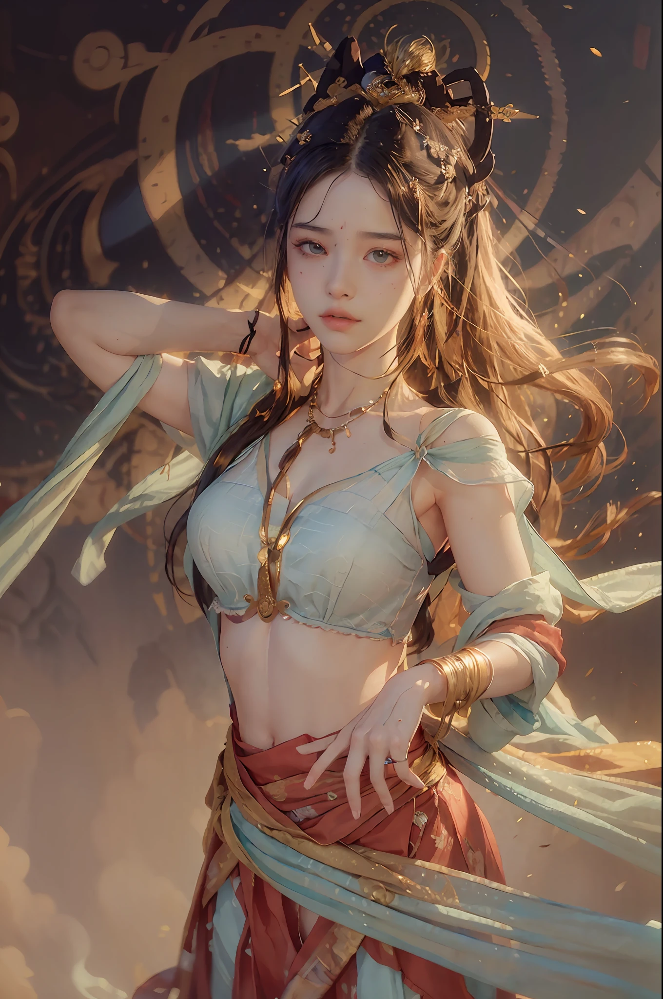 (RAW photo, best quality), (realistic, photo-realistic:1.3),best quality,highly detailed,masterpiece,ultra-detailed,illustration,1girl,upper_body,dynamic angle,world masterpiece theater,messy_long_hair,best quality,extremely detailed CG unity 8k wallpaper,ink,Amazing,cinematic lighting,lens_flare,,dunhuang_style
