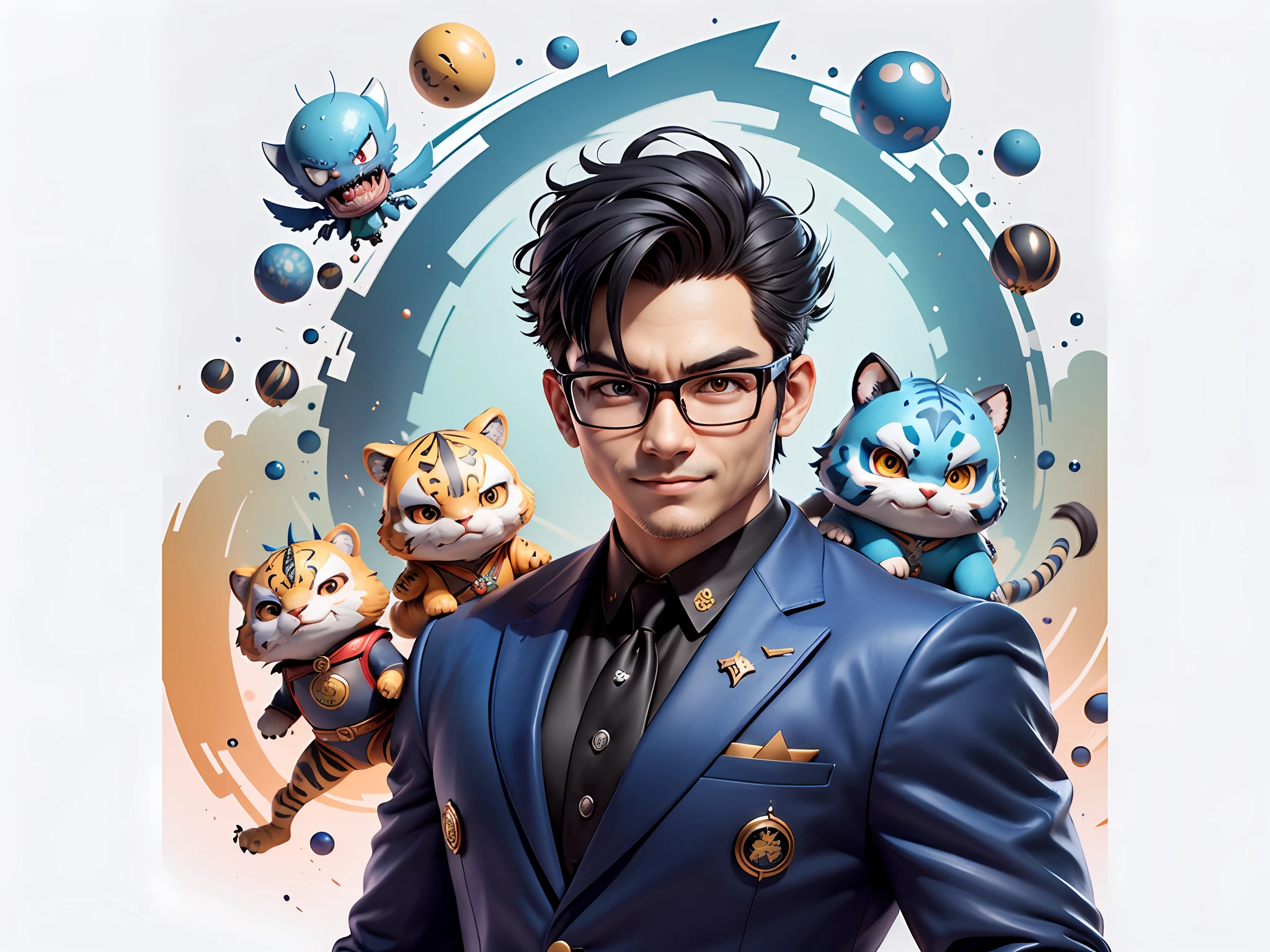 (Masterpiece), (Extreme Quality), (Super Meticulous), (Full Body: 1.2), Super Young Man, Chinese Dragon, Tiger, Wind God Thor, Sexy, Bursting, Oriental Face, TV Anchor, Bust Portrait Illustration, Black Formal Suit, Blue Tie, Slightly Chubby Face, Silver Glasses, Very Clean Face, No Beard on Chin, Black Super Short Hair, Black Eyes, Confident Smile, 3c Computer Sub-Products, iPad, iPhone, Digital Painting, 3D Character Design by Mark Claireden and Pixar and Hayao Miyazaki and Akira Toriyama, The illustration is a high-definition illustration in 4K resolution with very detailed facial features and cartoon-style visuals.