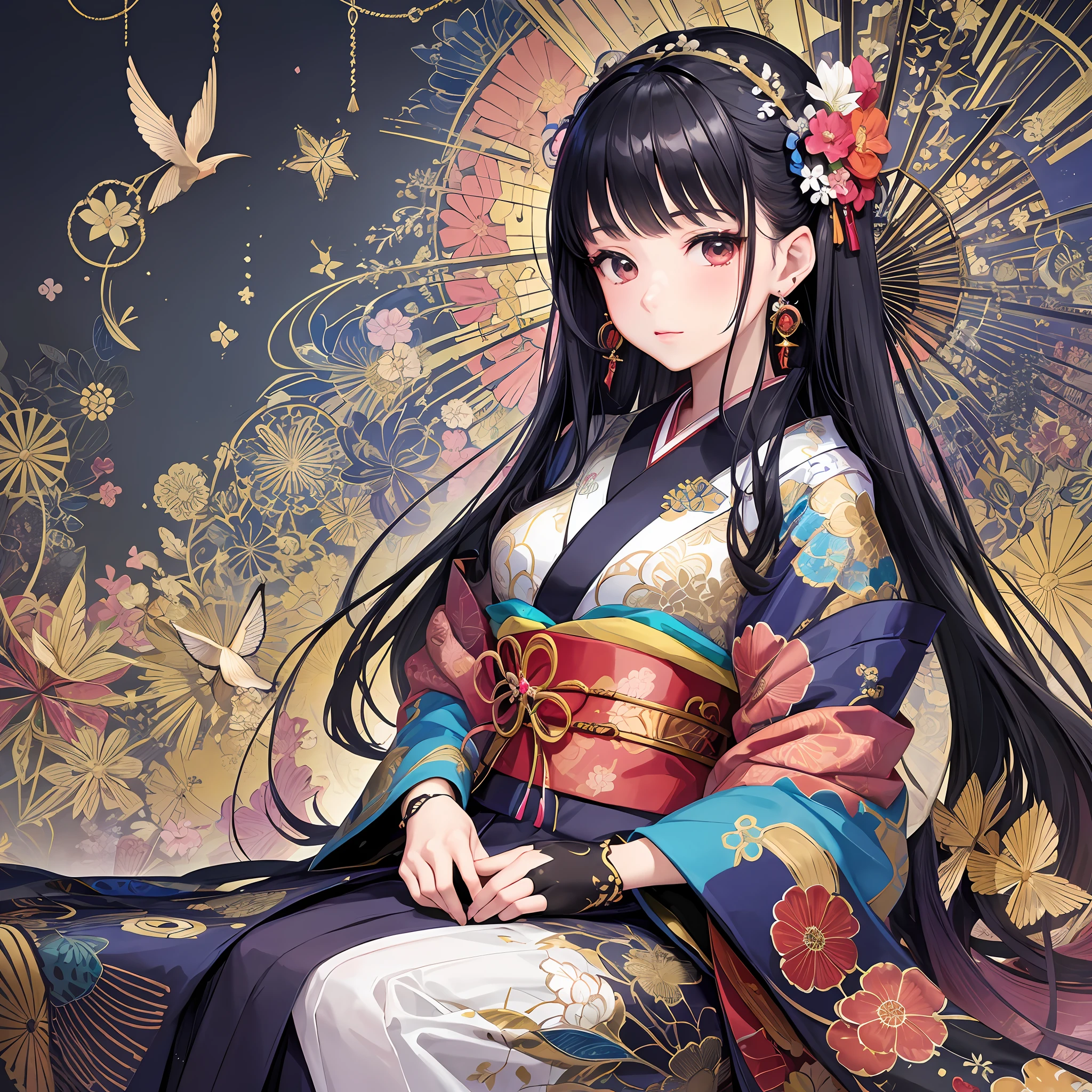 (Masterpiece, Best Quality, Best Quality, Official Art, Beautiful and Indulgent: 1.2), (Kimono), Arms Behind Back, (Upper Body Only), (1 Girl: 1.3), Japan Woman, Very Detailed, Colorful, Best Detailed ((Super Detailed)), (Highly Detailed 2DCG Illustration), ((Very Delicate and Beautiful)), (Sitting), Expressionless, Long Black Hair, Fan, Origami Crane, Kanzashi, Earrings --auto --s2
