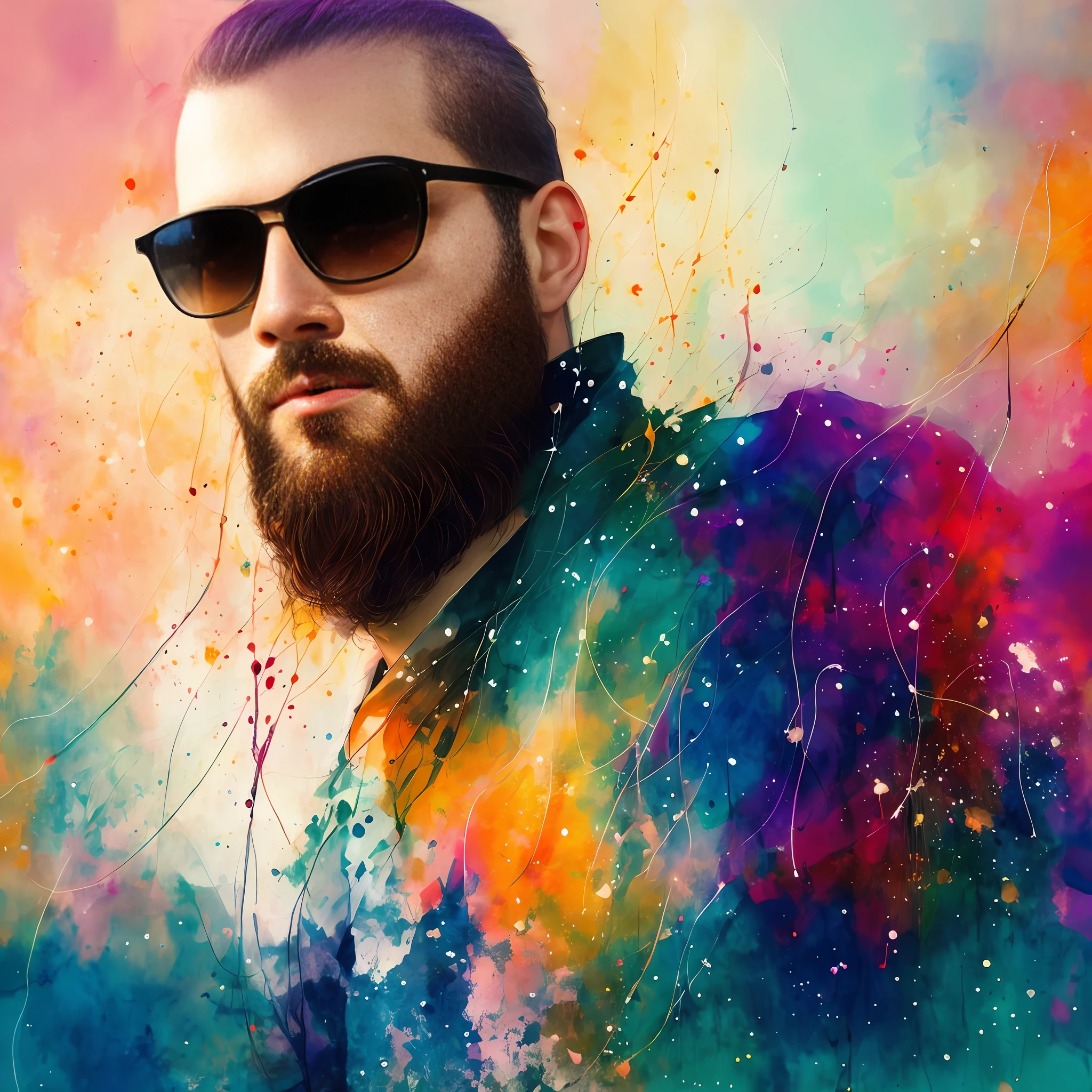 Painting of a man (Agnes Cecile), luminous design, pastel colors, ink drips, autumn lights, bald, bearded, sunglasses
