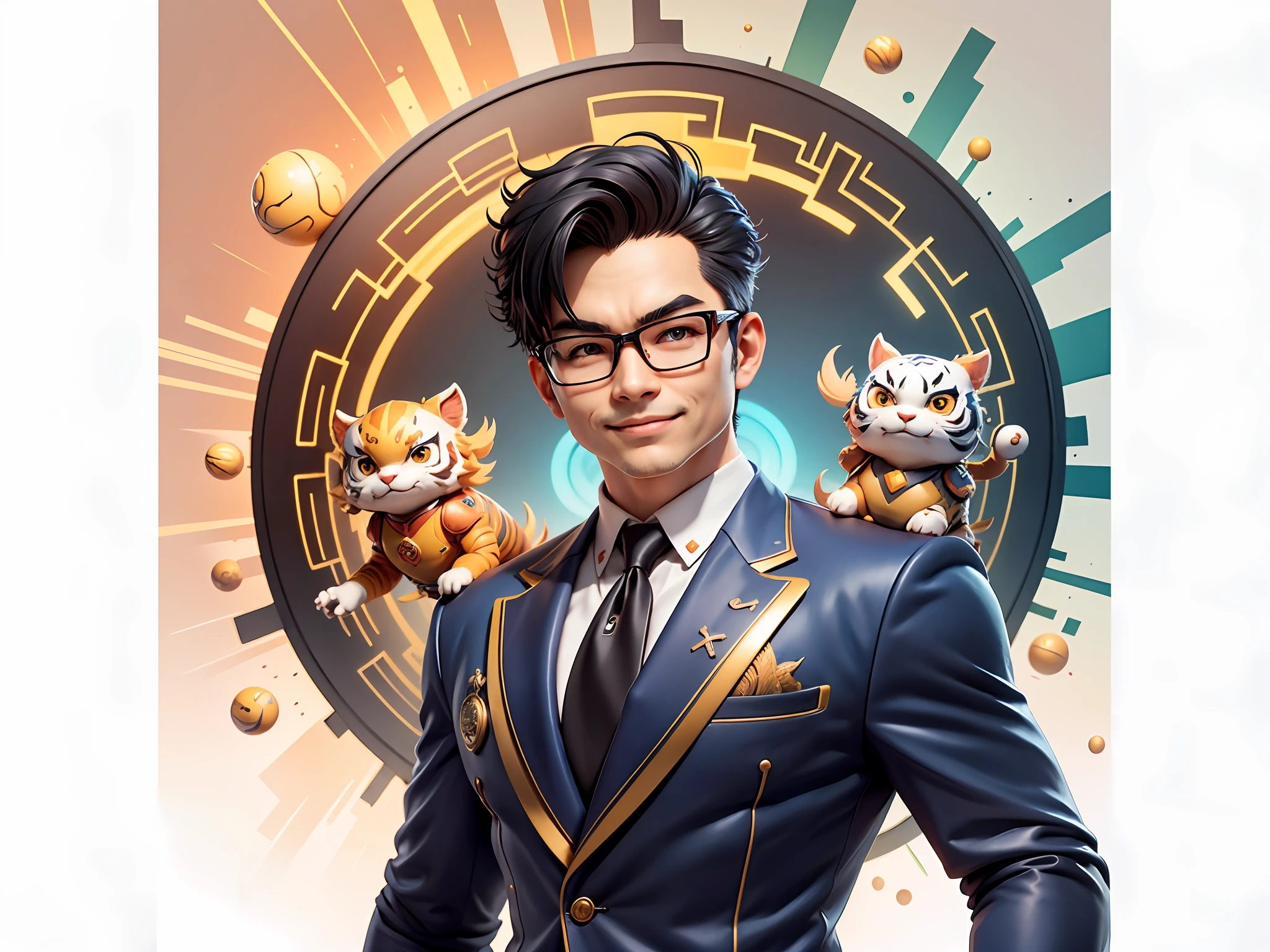 (Masterpiece), (Extreme Quality), (Super Meticulous), (Full Body: 1.2), Super Young Man, Chinese Dragon, Tiger, Wind God Thor, Sexy, Bursting, Oriental Face, TV Anchor, Bust Portrait Illustration, Black Formal Suit, Blue Tie, Slightly Chubby Face, Silver Glasses, Very Clean Face, No Beard on Chin, Black Super Short Hair, Black Eyes, Confident Smile, 3c Computer Sub-Products, iPad, iPhone, Digital Painting, 3D Character Design by Mark Claireden and Pixar and Hayao Miyazaki and Akira Toriyama, The illustration is a high-definition illustration in 4K resolution with very detailed facial features and cartoon-style visuals.