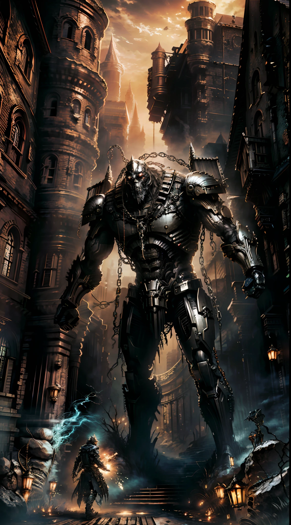Using advanced photography and image editing techniques, create a dramatic, action-packed CG work with mecha elements, Dark_Fantasy, Cyberpunk, (chain saw, chain saw man, Red:1.1), 1man, Mechanical marvel, Robotic presence, Cybernetic guardian, metal structure, (mechanical science fiction background), Smoke effects, red glow, energy, circuits, lines, gear interlacing, intricate and dynamic poses, clear focus, dark tones, cold steel and hard lines (huge metal wings extend 1.2 out of the frame), through the immersion of light, create a layered, dramatic atmosphere. Create spectacular scene effects with battlefield debris and destruction as a backdrop.