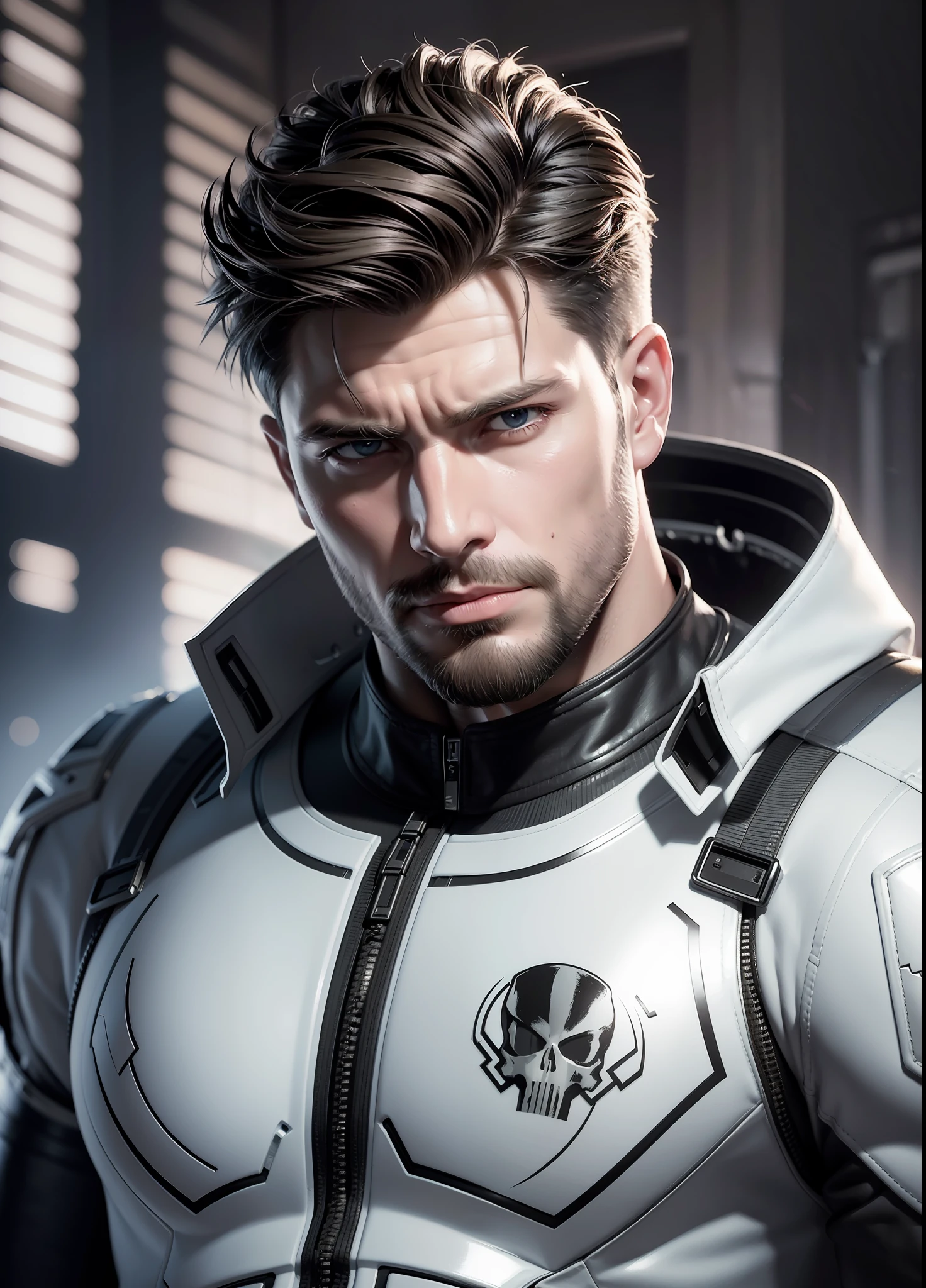 (Masterpiece) Dean Winchester bearded as The Punisher hyperrealist & photorealist in highly & extremely detailed futuristic white combat suit body (with a skull painted on chest), (masterpiece), Unity 8k, ((in ZBrush)), full HD midnight aura, developed by Unreal Engine 5, Ultra Sharp Focus, vibrant & intricate, epic in destroyed battlefield