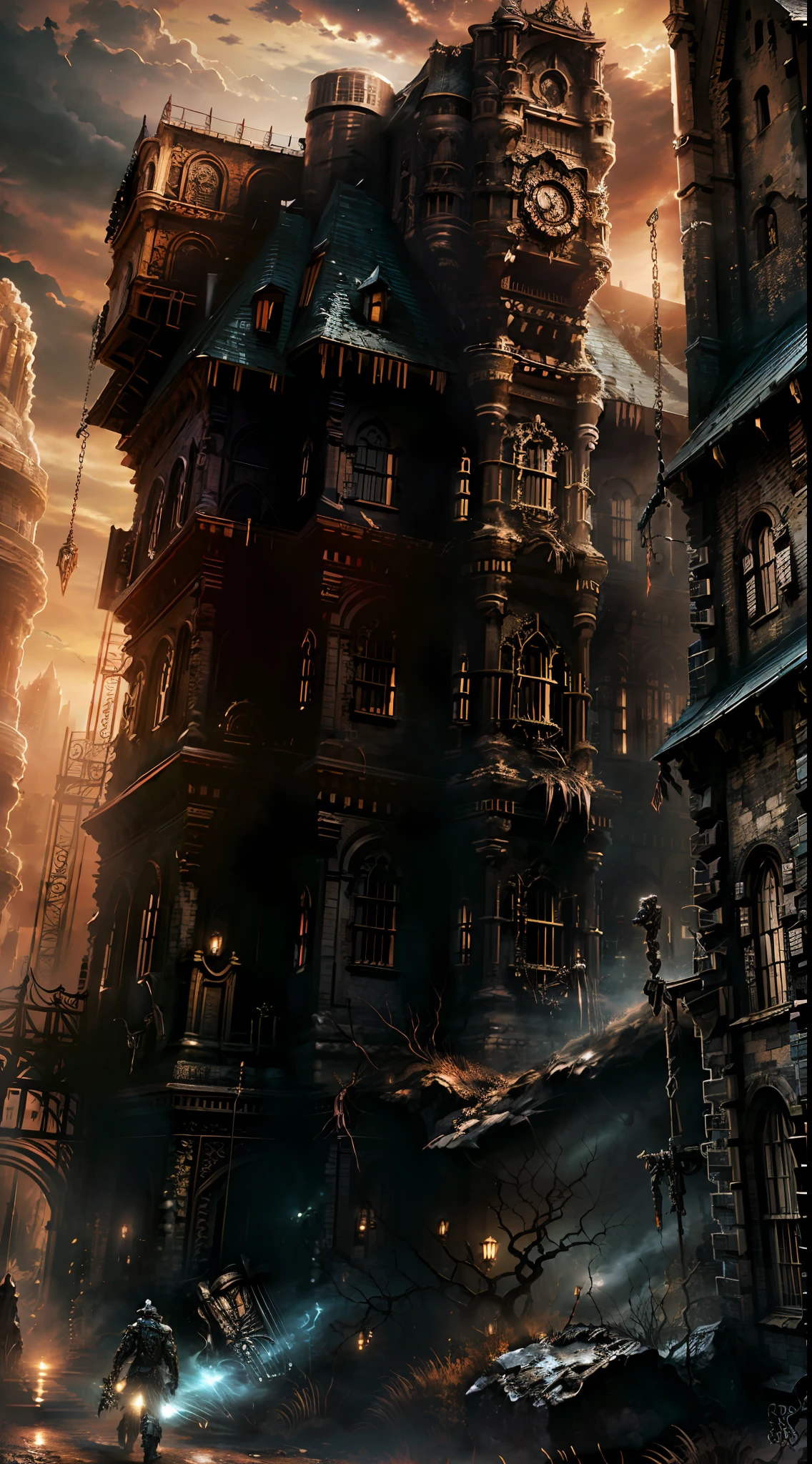 Using advanced photography and image editing techniques, create a dramatic, action-packed CG work with mecha elements, Dark_Fantasy, Cyberpunk, (chain saw, chain saw man, Red:1.1), 1man, Mechanical marvel, Robotic presence, Cybernetic guardian, metal structure, (mechanical science fiction background), Smoke effects, red glow, energy, circuits, lines, gear interlacing, intricate and dynamic poses, clear focus, dark tones, cold steel and hard lines (huge metal wings extend 1.2 out of the frame), through the immersion of light, create a layered, dramatic atmosphere. Create spectacular scene effects with battlefield debris and destruction as a backdrop.