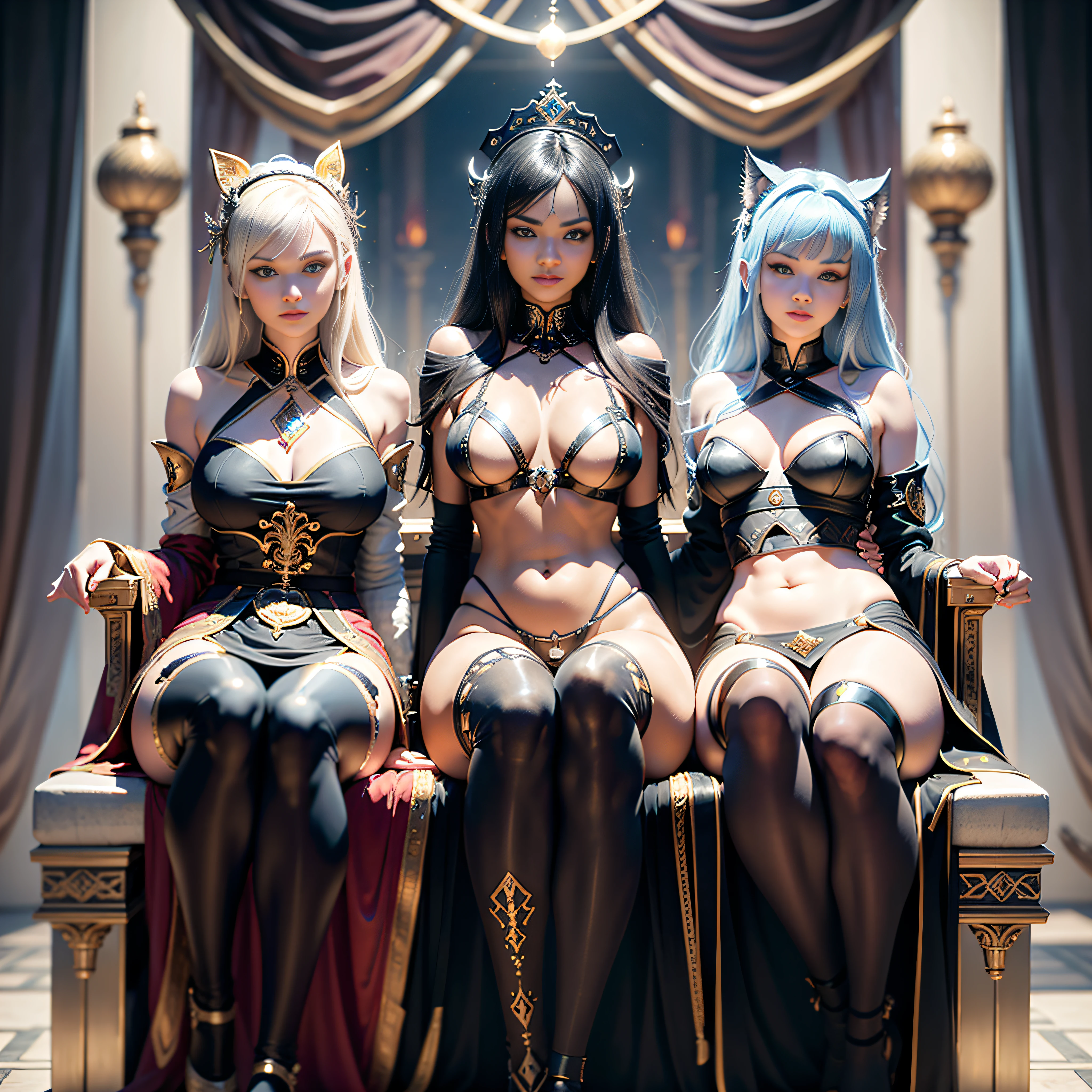 Scene glamorous conceptual throne 3 females pure aesthetic key "Heavy Metal" lower:1.3 close:1.3 fire-follets Will-o'-the-wisp "luis Royo" dazzling women walking slow down playing Cosplay "Anya Taylor" "Rihanna" "Beyoncé" aristocratic jacket 38years Light luminescence ultra pro-photorealistic optimal detail qualities precise details:1.3 DSLR max resolution perfection improved graduated Octane rendered UHD XT3 16K DSLR HDR UnrealEngine5 real analog shadows:1.3 saturated 3d body sharpness:1.3 faces:1.3 soft cheekbones impressive reddening lazulite beautiful eyes:1.3 opals turquoise delicate open mouth teeth obvious smiles dark hairstyles short bangs:1.3 ecstatic:1.0.1 fixed floating jacket symmetrical body athlete oiling eccentric cape levitating shoulders off:1.0.1 white shirts lace clavicles papillotes proportion corsait navy thick leathers doors:1.3 varied breasts pointed:1.3 satin felt supports belly bikini:1.3 depths:1.3 skirt:1.3 voluminous fringes fringes matching silks ample swinging covered spinels revealing imposing hairy scarlet pubis obvious covered:1.3 exposed underwear waist belt-chastity silver ornate Gold legs garters thick thighs legs boots stainless steel voluminous gothic decorated onyx ruby DoF equirectangular 360 monastery marbles background:1.3 mannequins "Chivalrous" dramatic support fully dressed armor heavy chrome metallic covered flat richly decorated brass fathoms:1,2 fullbodye Lys rune Pearl decorated embroidered plasma glyphs lava Tourmalinesceptre-Buddhist wood engravings invoking Pets incandescent Unity Crystalline Mechanized friendly familiar robot (EOS R6 135mm 1/1250s f/2.8 ISO400) adaptable [(masterpiece 1,3) (Willi Baumeister:1.1) (John T. Biggers:1,2)::17 Alessandro Casagrande, Greg Rutkowski, Sally Mann Guweiz and James Jean tattoo CGSCOSITY (by Michelangelo)] Bruce Weber girls raw varied nsfw:1.3 etc.