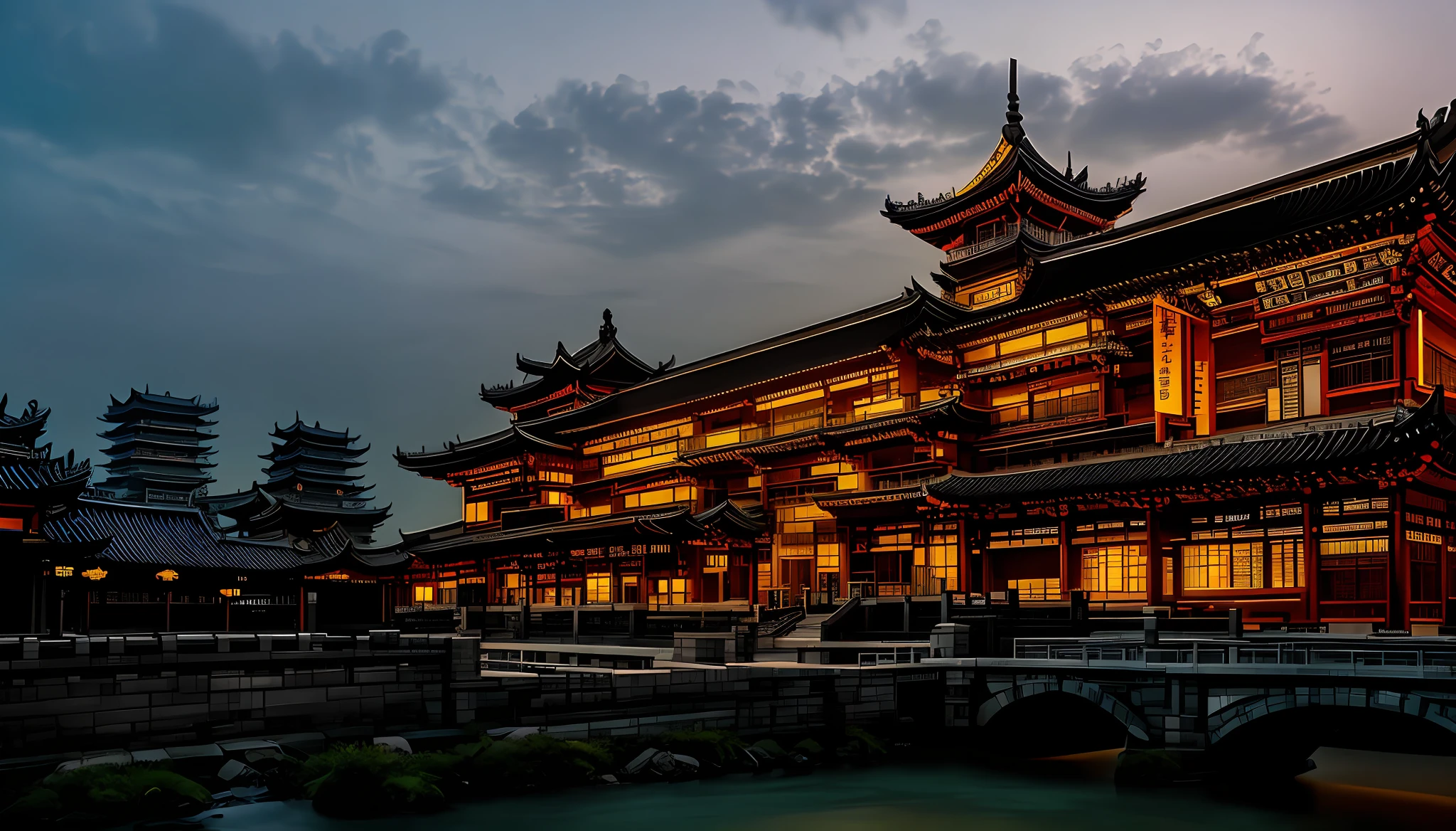 nighttime view of a building with a bridge and a river, cyberpunk chinese ancient castle, ancient chinese architecture, japanese city at night, chinese architecture, tang dynasty palace, kyoto inspired, chinese building, japanese city, chinese palace, building along a river, glowing temple in the distance, in a japanese town at night, inspired by Zhang Sengyao, beautifully lit buildings