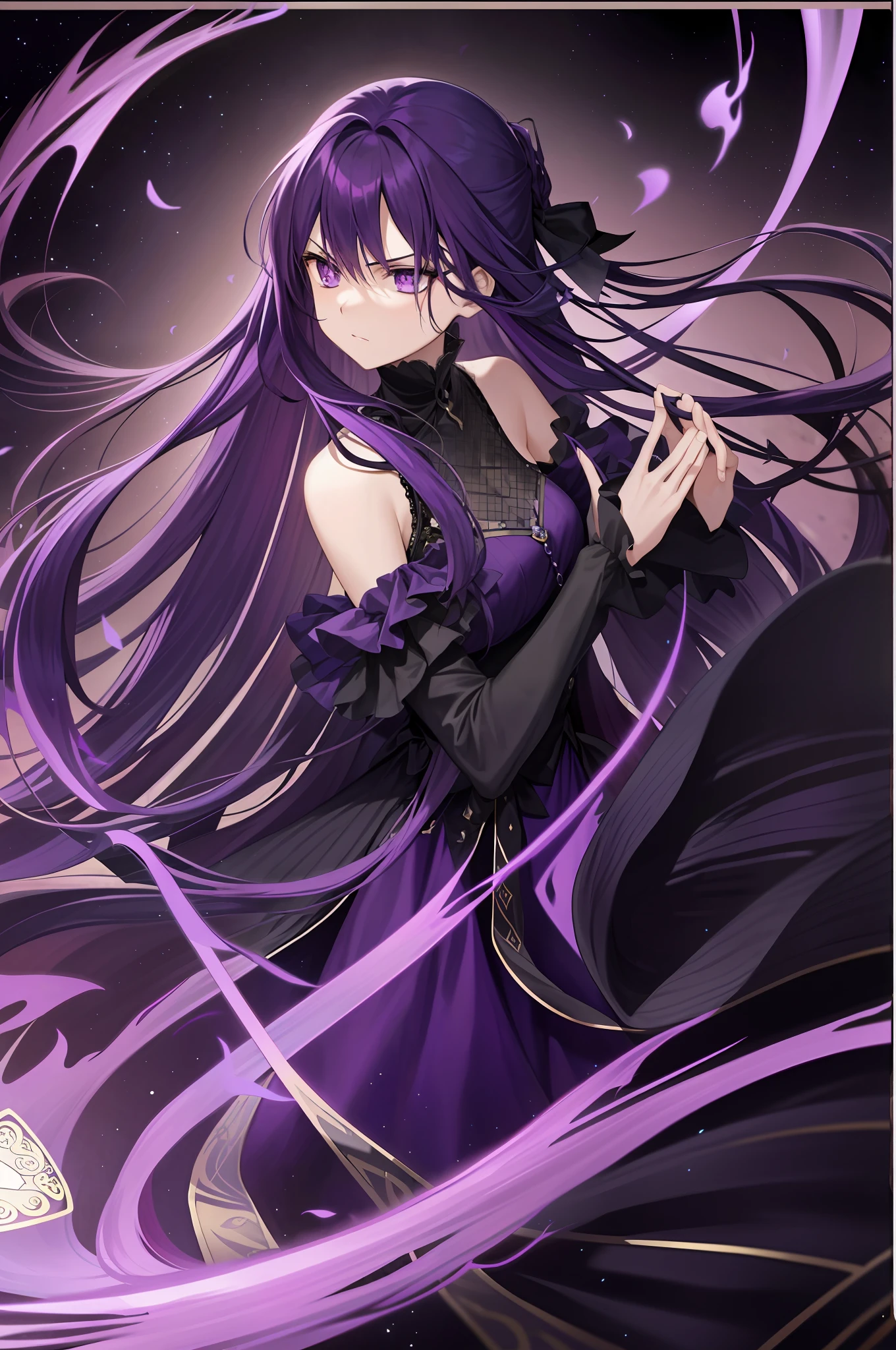 Tarot cards, long purple hair, a girl, purple dress, purple eyes, anger, hostility, standing, frontal