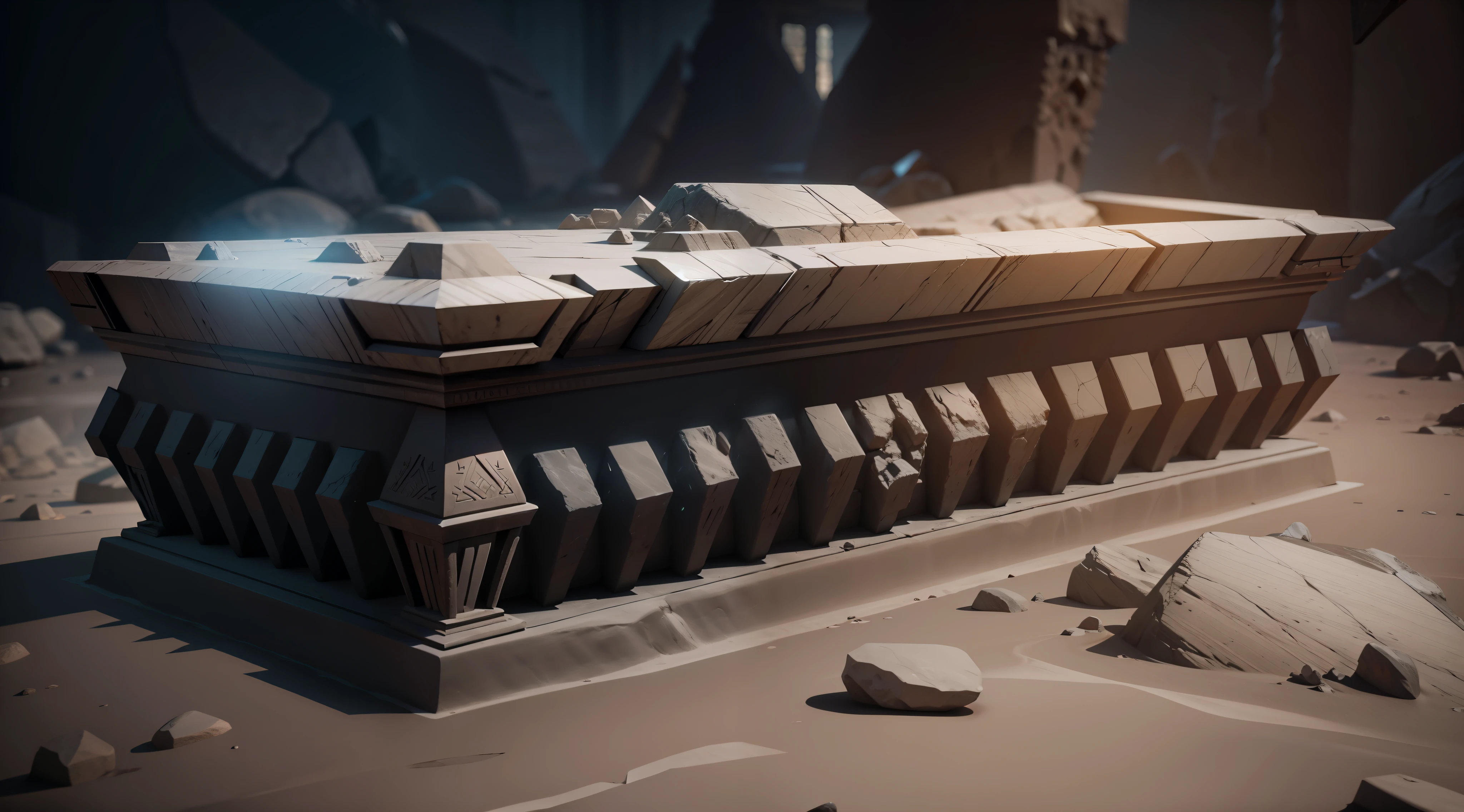 Top of a stone coffin of an ancient Alien relic inside the enclosed interior of an ancient torch-lit stone ziggurat, 8k, (photorealism:0.8), (high quality:0.4), (minimum details:0.6), Full-HD, (camera focused on coffin:0.4), cinematic, octane render, mm56 Lens