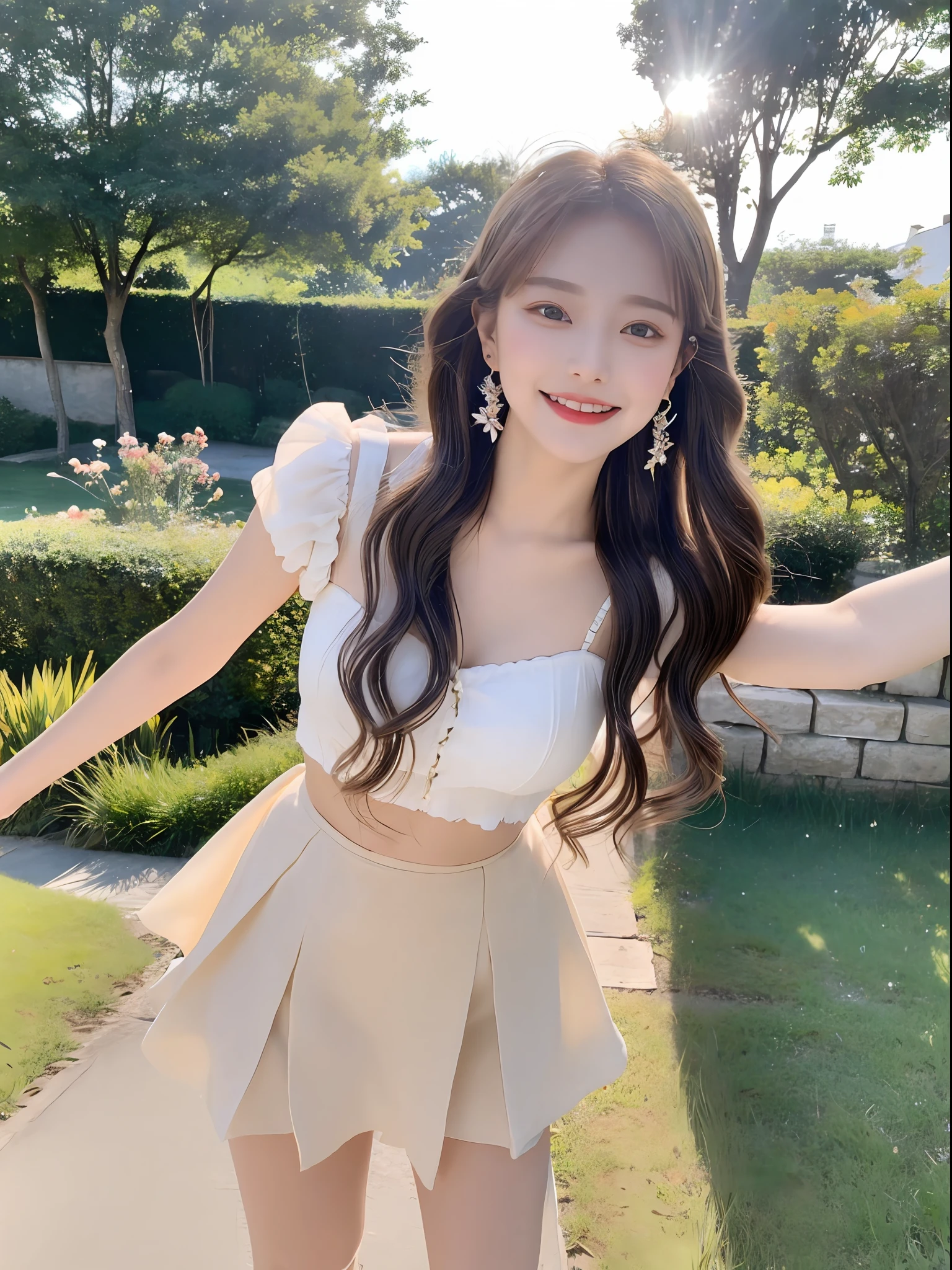 Outdoor, 1 girl, hairpins, earrings, jewelry, brown hair, looking at the audience, lips, playful, thighs, full body, white top, short skirt, sweet smile on the face, natural arms, seems to be dancing in harmony with the surroundings. Her breath is full of vitality and vitality, as if her whole body is venting the energy of youth. The whole picture is made more vivid by her presence, making people feel endless joy and vitality.