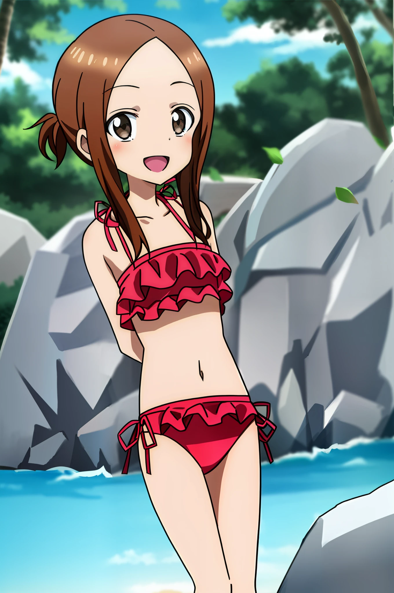 Takagi1, 1girl, solo, looking at viewer, navel, standing, swimsuit, sidelocks, bikini, ruffles, loose hair, smile, flat chest, blurred background, side tie bikini panties, arms behind back, loose hair, forehead, red bikini, frilly bikini, pink bikini, low angle, view from below, no bun