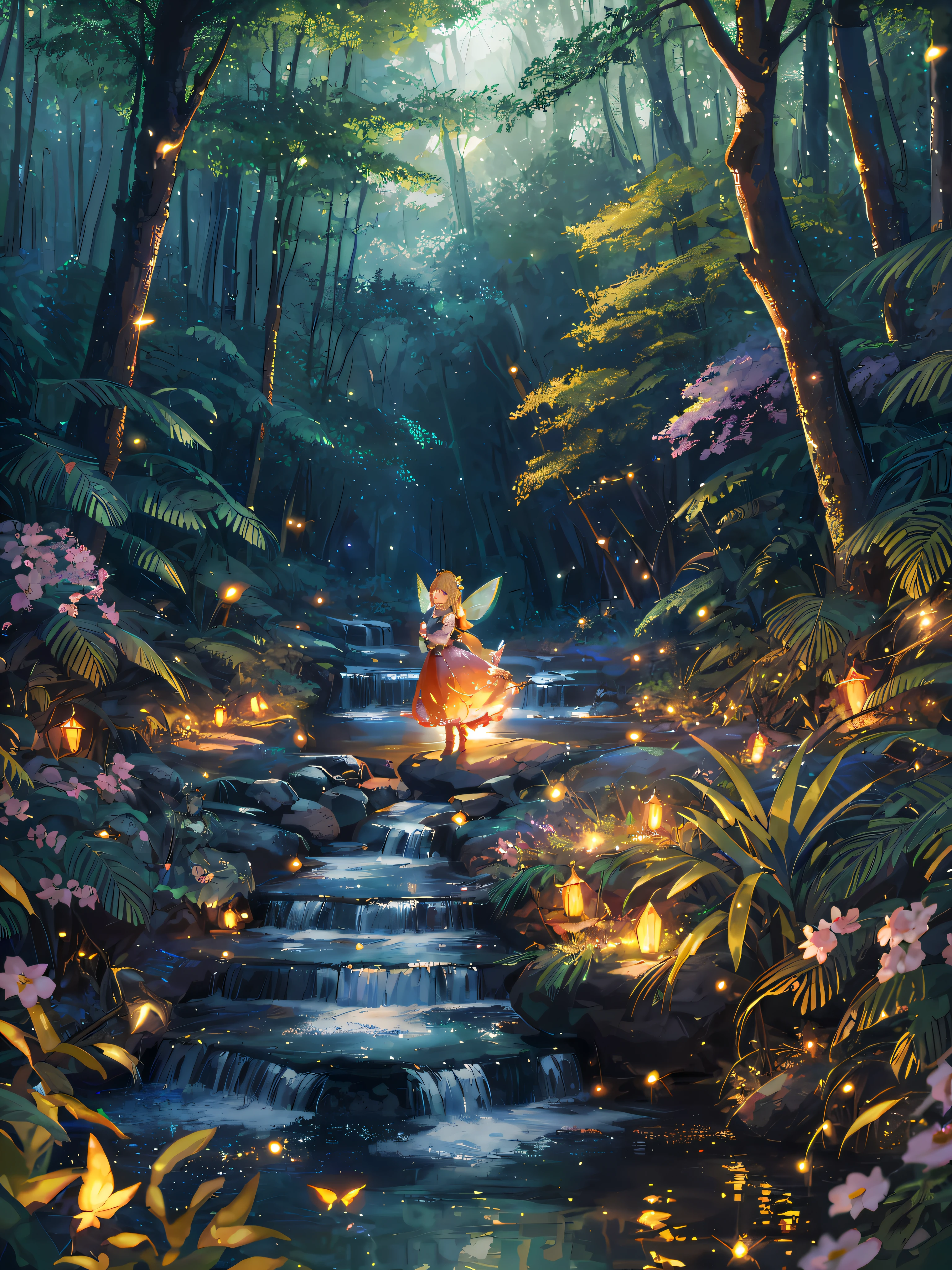 anime fairy sitting on a rock in a forest with a stream, magical forest with fireflies, magic fairy forest, fairy atmosphere, in a magical forest, in the magical forest, a maid in a magical forest, magical fantasy forest, fairy forest, anime fantasy illustration, magical environment, beautiful digital artwork, anime fantasy artwork, beautiful anime artwork, magical forest, fairytale artwork