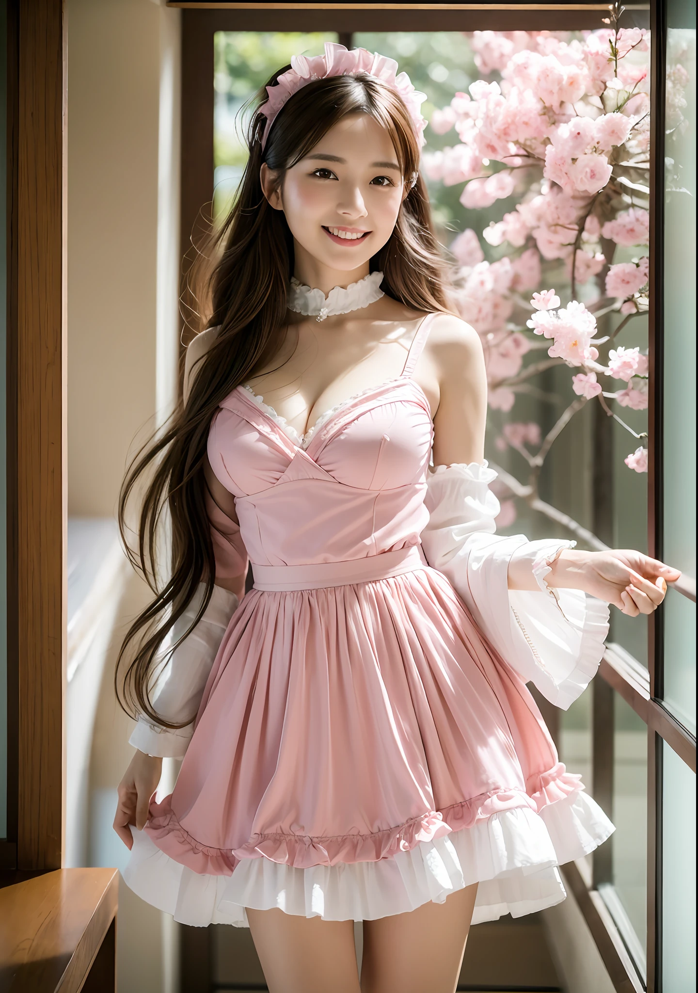 ((top quality, 8k, masterpiece: 1.3)), women (maid, full body portrait, standing facing straight ahead, smiling, wearing pink maid clothes, ruffled headbands, big breasts), indoors, luxury apartment kitchen, overhead camera, sharp focus: 1.2, cute women: 1.4, (((long hair, shiny hair)), very detailed face and skin and hair texture, detailed eyes, Double eyelids, white skin, beautiful legs, beautiful delicate nose, cute young Japan woman, dynamic angle, while exuding happy emotions characterized by calm tones and contrasting mixes of light and shadow, while emphasizing the subject's hair, eyes, mouth and action, it is a composition pleasing to the eye and suggestive.