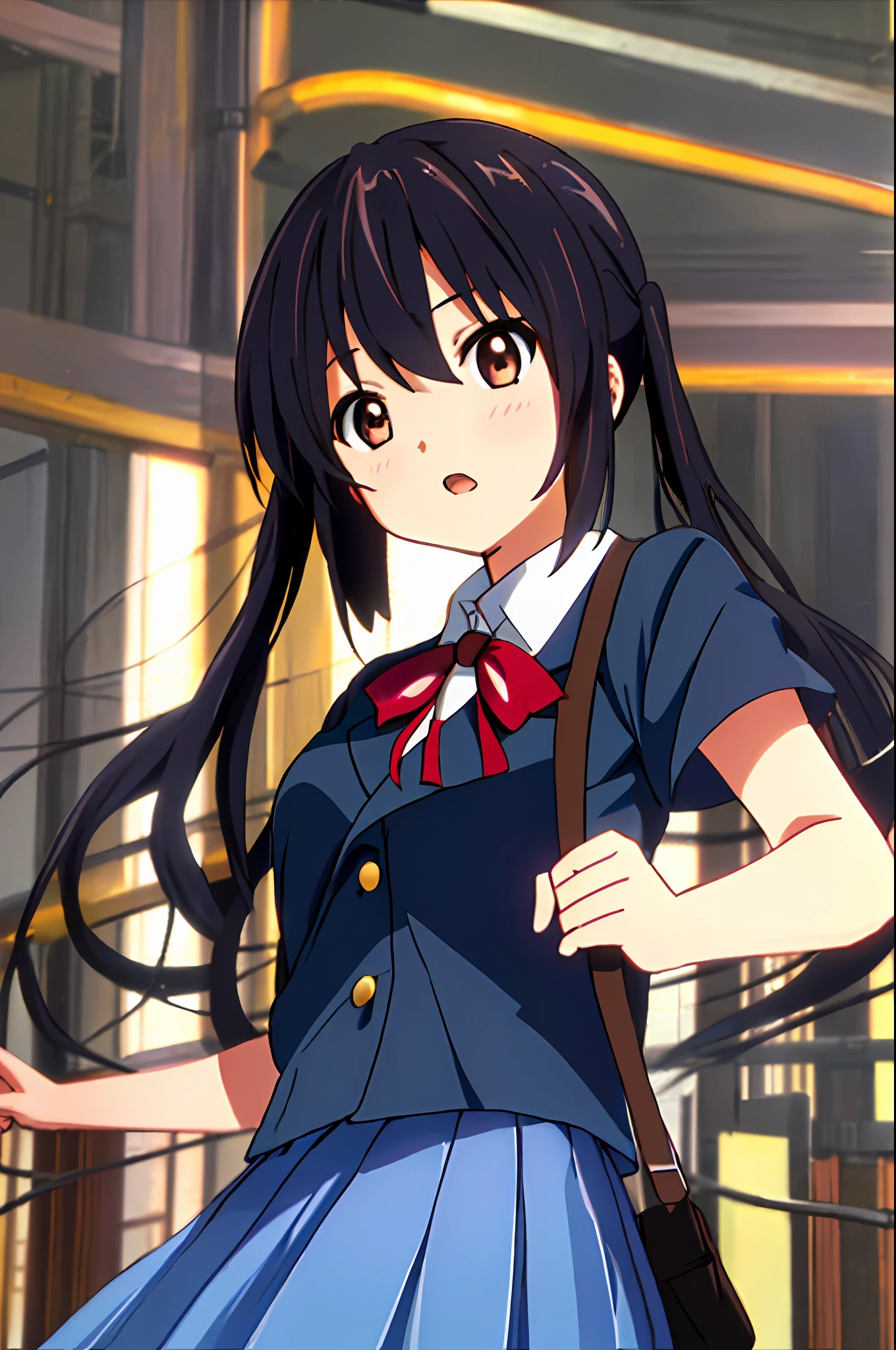 1girl, ((((Masterpiece))), Best Quality, Best Quality, High Detail, Azusa Nakano, 1girl, Sakuragaoka High School Uniform, Musical Instrument, School Uniform, Twin Tails, Long Hair, Black Hair, Brown Eyes, Solo, Red, Dark blue blazer with a thin ribbon of red, Solid white button shirt under blazer, Illustration, Cartoon, Soothing tones, Muted colors, Soft cinematic light, Adobe Lightroom, Photo Lab, HDR, complex and highly detailed, (((depth of field))))). (((Masterpiece))). (((highest quality))).) ((super detail))). Fighting stance.clench your fists.night.