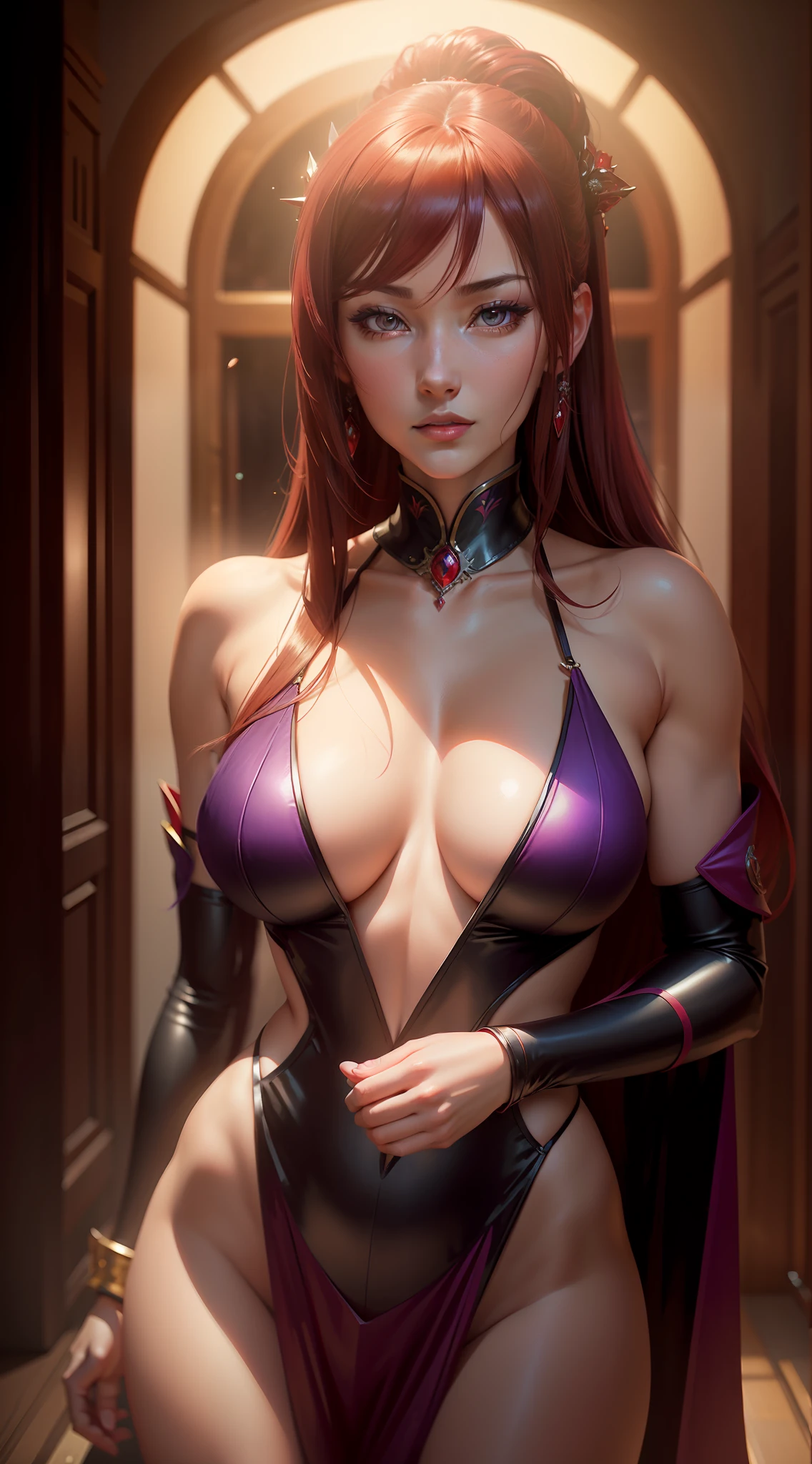 a closeup of a woman in a red dress with long hair, beautiful seductive anime woman, a beautiful fantasy empress, inspired by Du Qiong, seductive Tifa Lockhart portrait, ((a beautiful costume empress)), seductive anime girl, beautiful anime woman, glamorous tifa lockheart, beautiful avatar photos, mai shiranui, lady in pink armor,  tifa, (lingerie:1.2), photorealistic, upon_body, tyndall effect, photorealistic, dark studio, rim lighting, two-tone lighting, (high detail skin: 1.2), 8k uhd, dslr, soft lighting, high quality, volumetric lighting, candid, photography, high resolution, 4k, 8k, Bokeh, (nude: 0.9), (purple eye color)