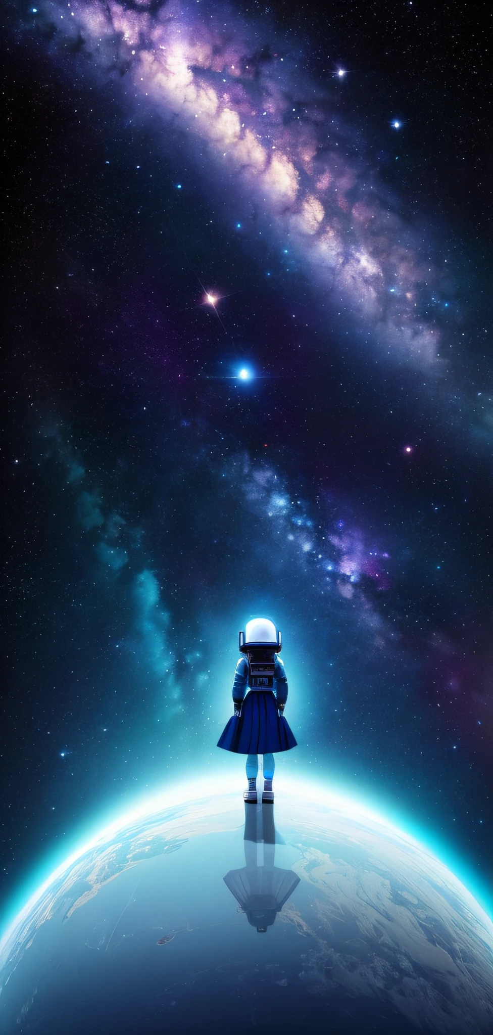 A girl lost in space, adorned in astronaut attire, gazes upon the breathtaking expanse with cinematic lighting. Her expression reflects a mixture of awe and wonderment as she beholds the cosmic wonders. The illustrative style takes inspiration from the visionary works of Chesley Bonestell, renowned for his realistic space illustrations. The color palette combines deep blues, cosmic purples, and shimmering silver, evoking the mystique of the universe. The camera angle captures the girl in a moment of solitary contemplation, highlighting her isolation amidst the vastness of space.