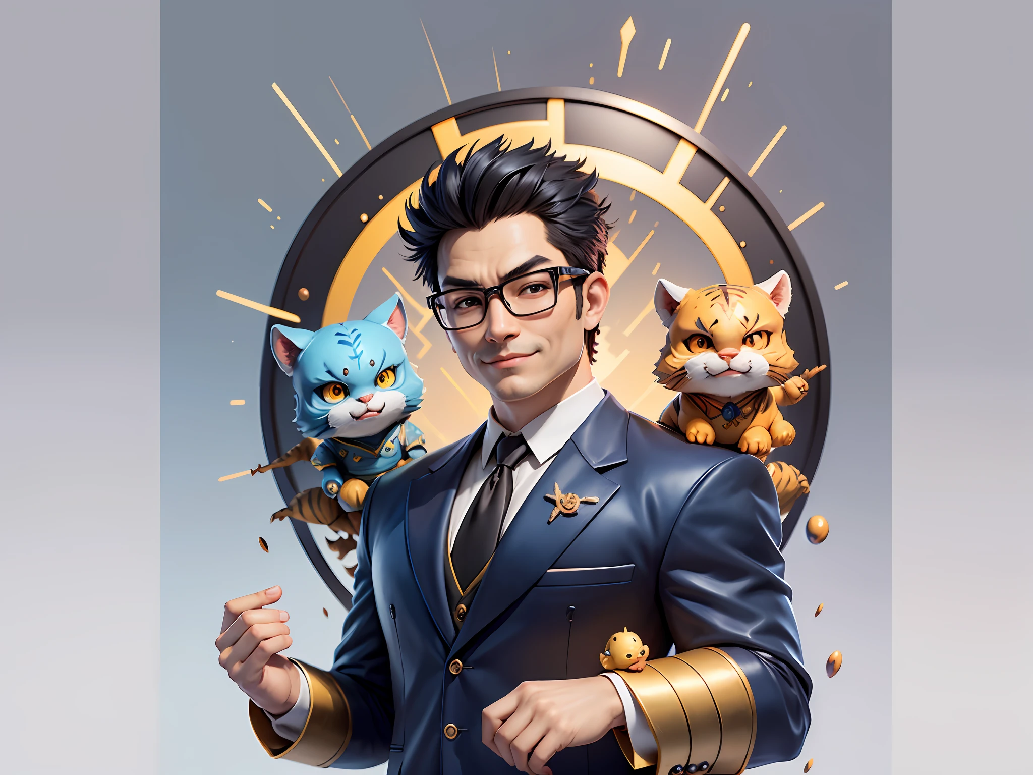 (Masterpiece), (Extreme Quality), (Super Meticulous), (Full Body: 1.2), Super Young Man, Chinese Dragon, Tiger, Wind God Thor, Sexy, Bursting, Oriental Face, TV Anchor, Bust Portrait Illustration, Black Formal Suit, Blue Tie, Slightly Chubby Face, Silver Glasses, Very Clean Face, No Beard on Chin, Black Super Short Hair, Black Eyes, Confident Smile, 3c Computer Sub-Products, iPad, iPhone, Digital Painting, 3D Character Design by Mark Claireden and Pixar and Hayao Miyazaki and Akira Toriyama, The illustration is a high-definition illustration in 4K resolution with very detailed facial features and cartoon-style visuals.