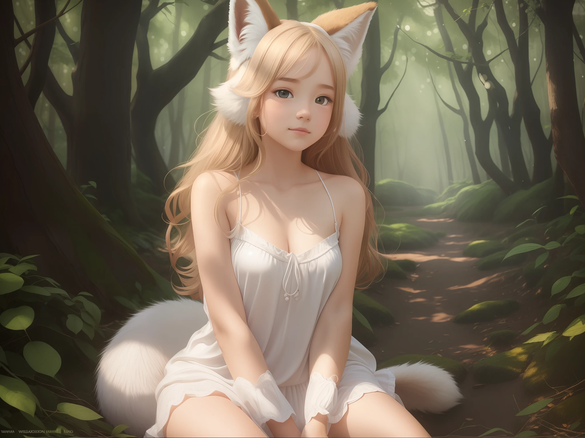 A professional high-quality photo, in 4K resolution, captures in realistic detail a charming girl in a fluffy white pajama with ears and foxtail. She is sitting in the middle of an enchanted forest, where every element is portrayed to perfection. The textures of the pajamas, ears and tail are sharp and palpable. Sunlight falls on the leaves and gently illuminates the girl's face, highlighting each delicate and charming expression --auto --s2