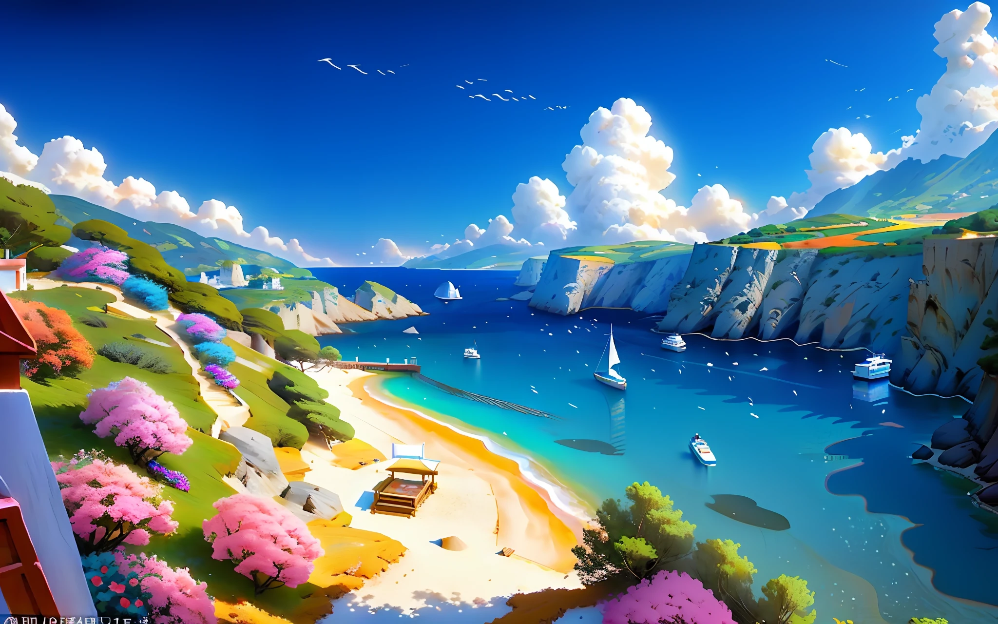 A painting of a beach with boats and a house on the shore - SeaArt AI