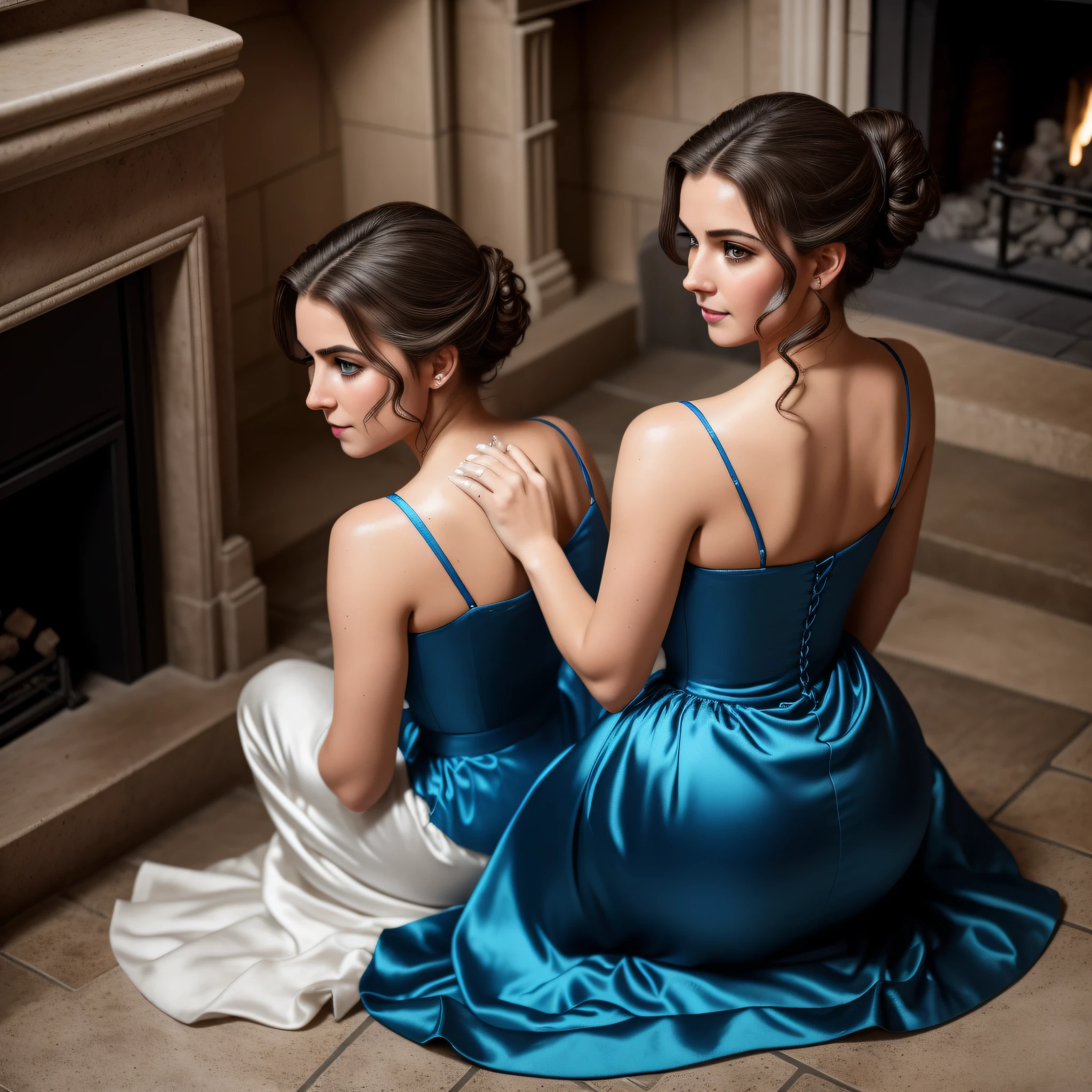 Cinderella, dressed still in her sparkling blue satin ballgown, kneels on the stone floor by the fireplace, scrubbing the caked-on dirt and grime with a brush. Her once-gleaming glass slippers are now scuffed and dirt-stained, but she hasn't bothered to take them off, her focus solely on the task at hand. Her hair, once styled in an elegant updo, has come undone, and strands of brown hair fall haphazardly around her flushed cheeks. She still wears her long, white satin gloves, now stained with soot and grime. Her face is smudged with soot and dirt, but her eyes still sparkle with the memory of the magical evening. Her movements are slow and deliberate, as if she is lost in thought, her mind still reeling from the events of the night. She continues to scrub the floor, a small smile playing at the corners of her lips. (housework) (messy)