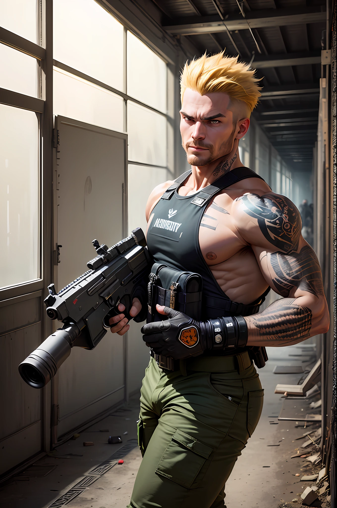 ((best quality)), ((super detail)), ((masterpiece)), photography, scene: spacious abandoned warehouse, theme: mercenary, character: male gunslinger, appearance: muscular build, action: fighting stance, facial expression : smirk, holding a large caliber pistol, Desert Eagle .50 handgun, assault vest, mafia sports tattoos, cybernetic enhancements in arms, blonde hair, green eyes, perspective: 4K.