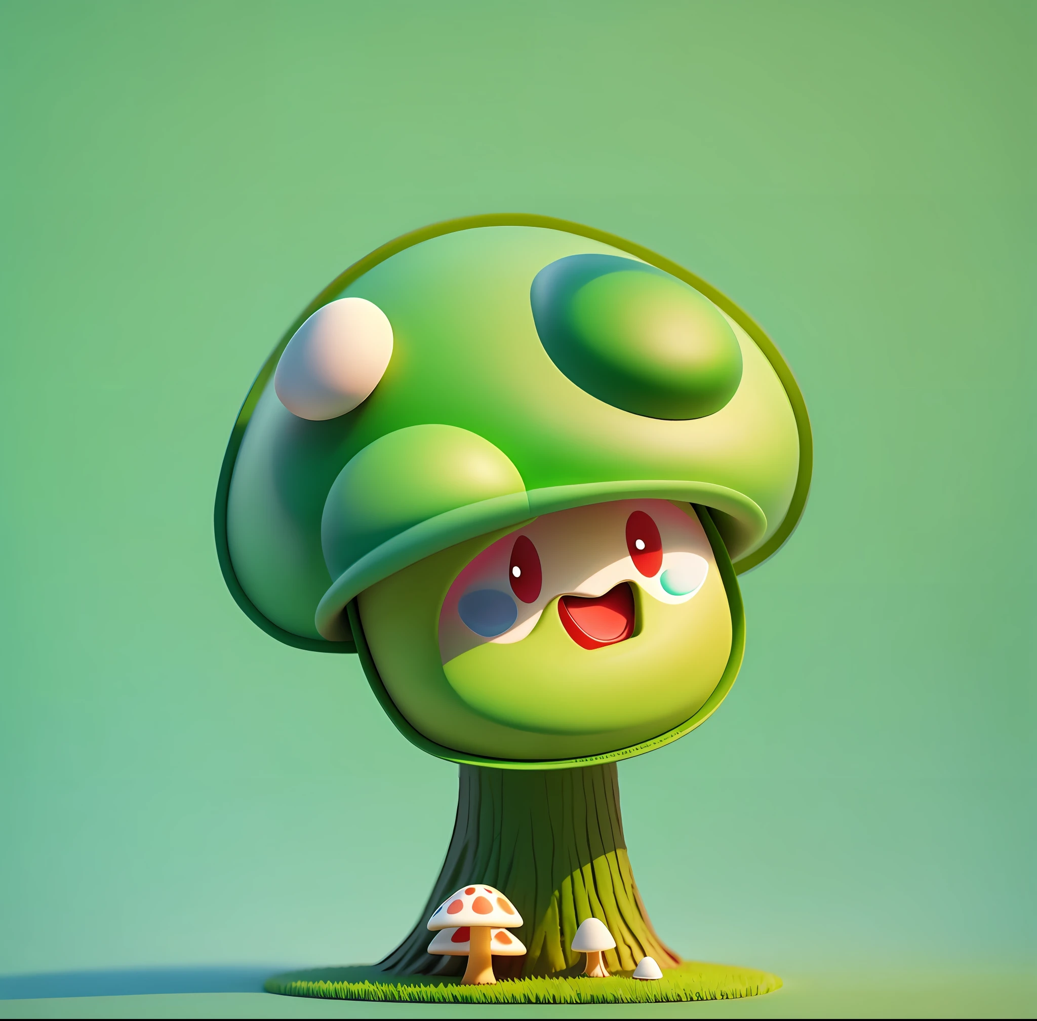 Blind box toy style, anthropomorphic fungus (mushroom), hat (with green hat), mushroom cap (green), eyes, mouth, 3d, simple_background, white_background
